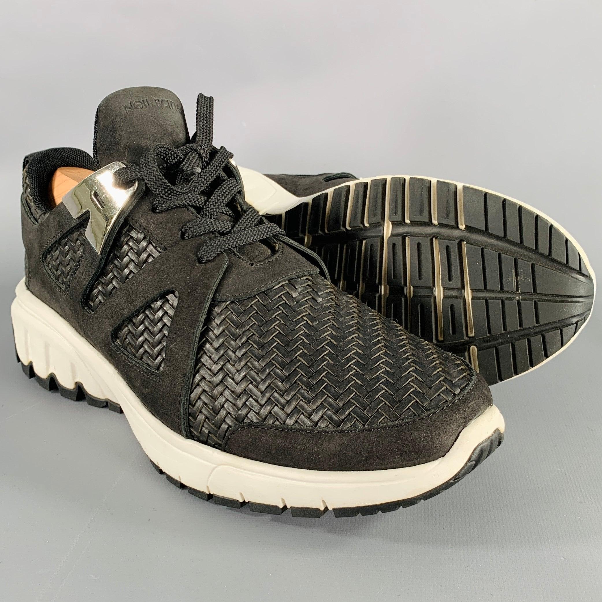 NEIL BARRETT Size 10.5 Black Silver Woven Leather Sneakers Pour hommes en vente