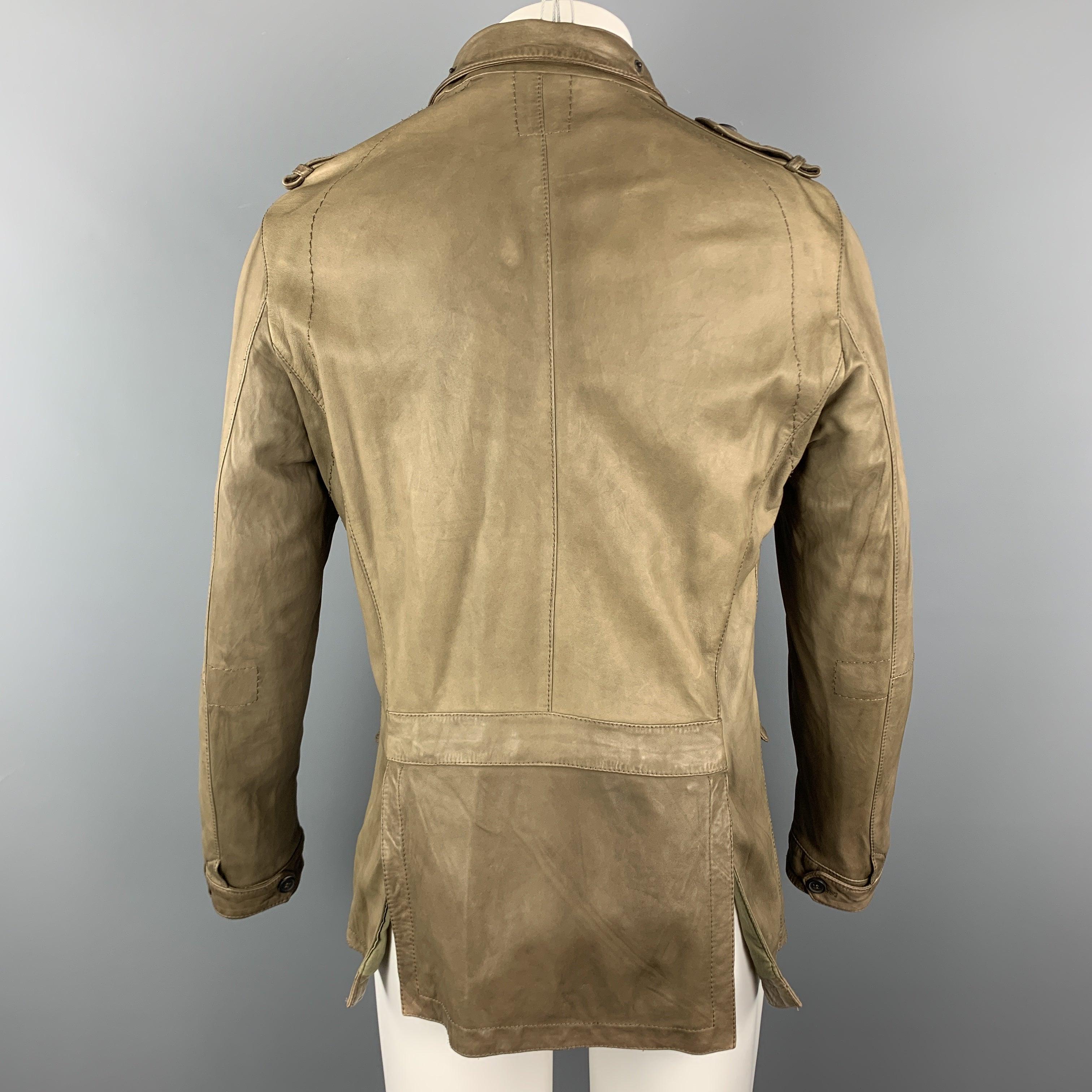 Men's NEIL BARRETT Size 40 Taupe Leather Buttoned Epaulet Jacket For Sale