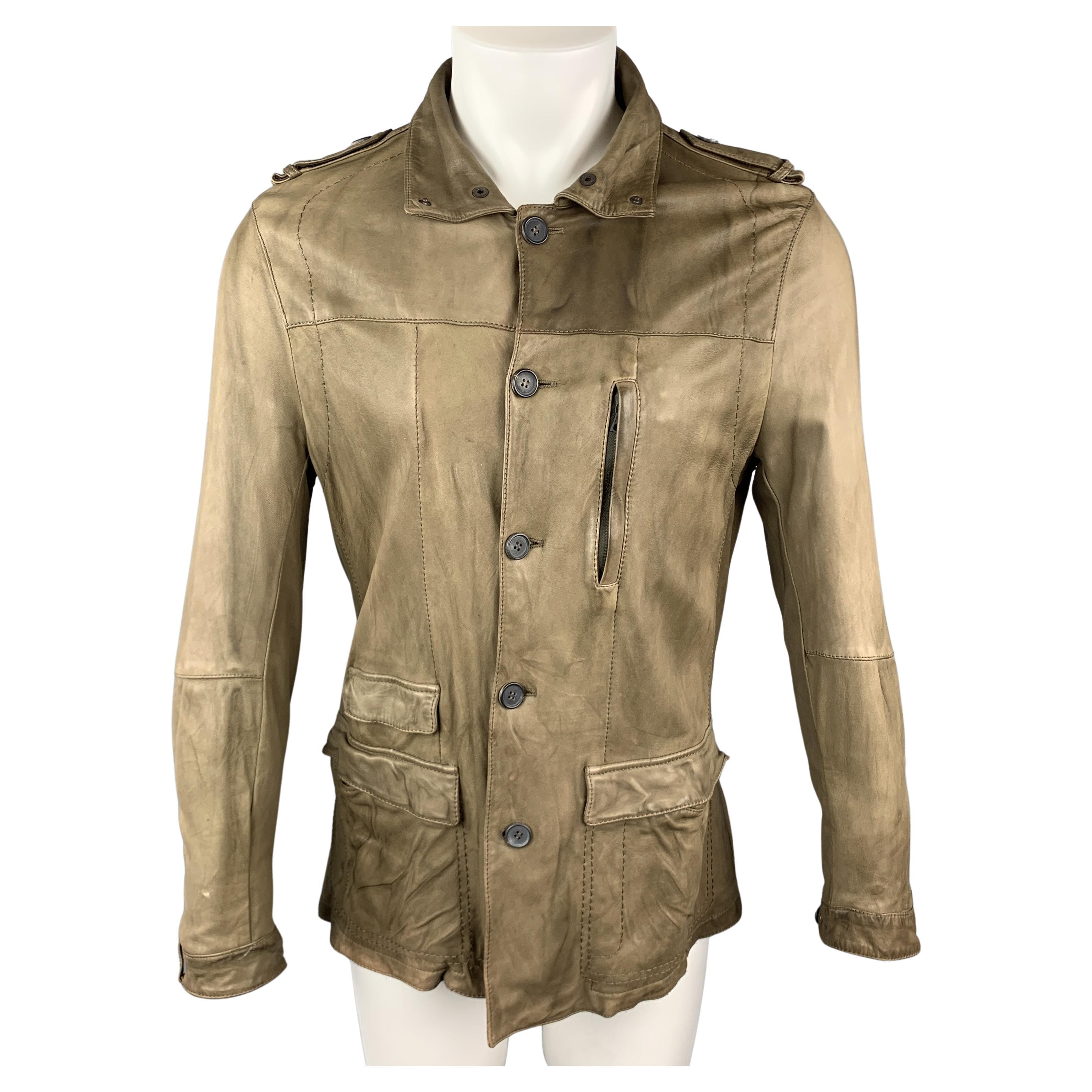 NEIL BARRETT Size 40 Taupe Leather Buttoned Epaulet Jacket For Sale