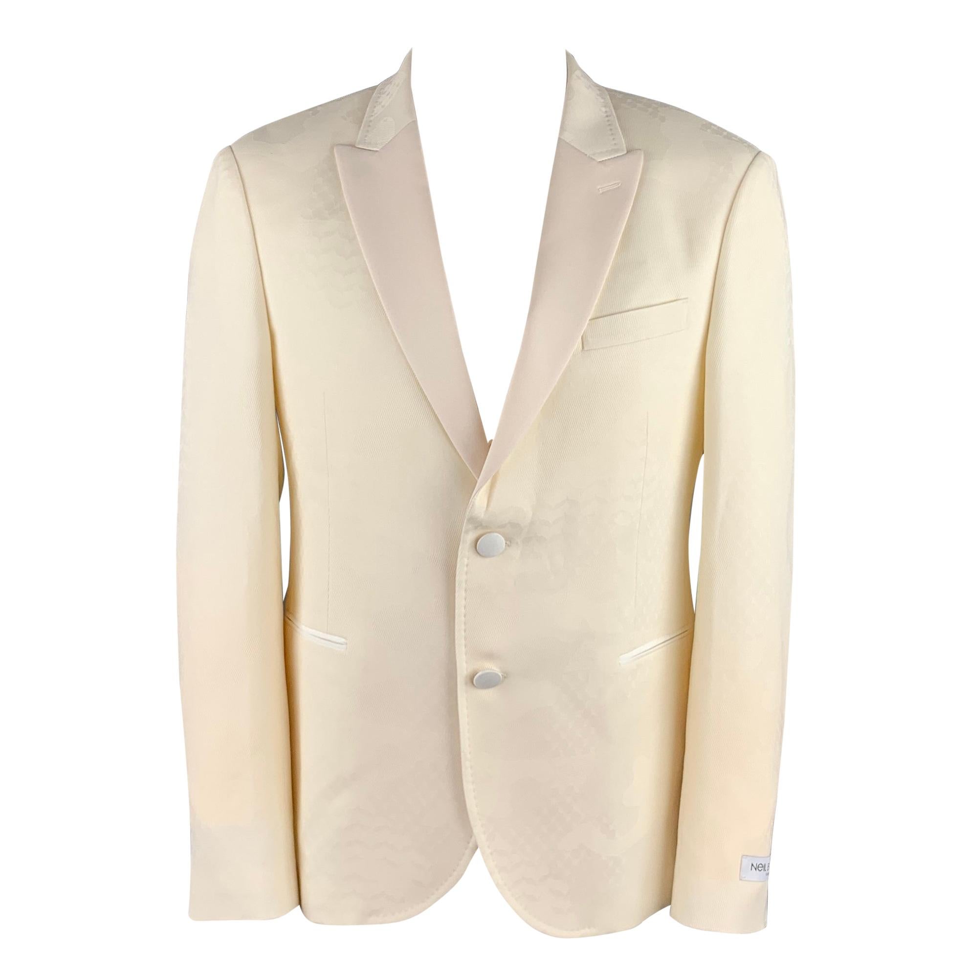 NEIL BARRETT Size 44 Cream Jacquard Wool Peak Lapel Sport Coat