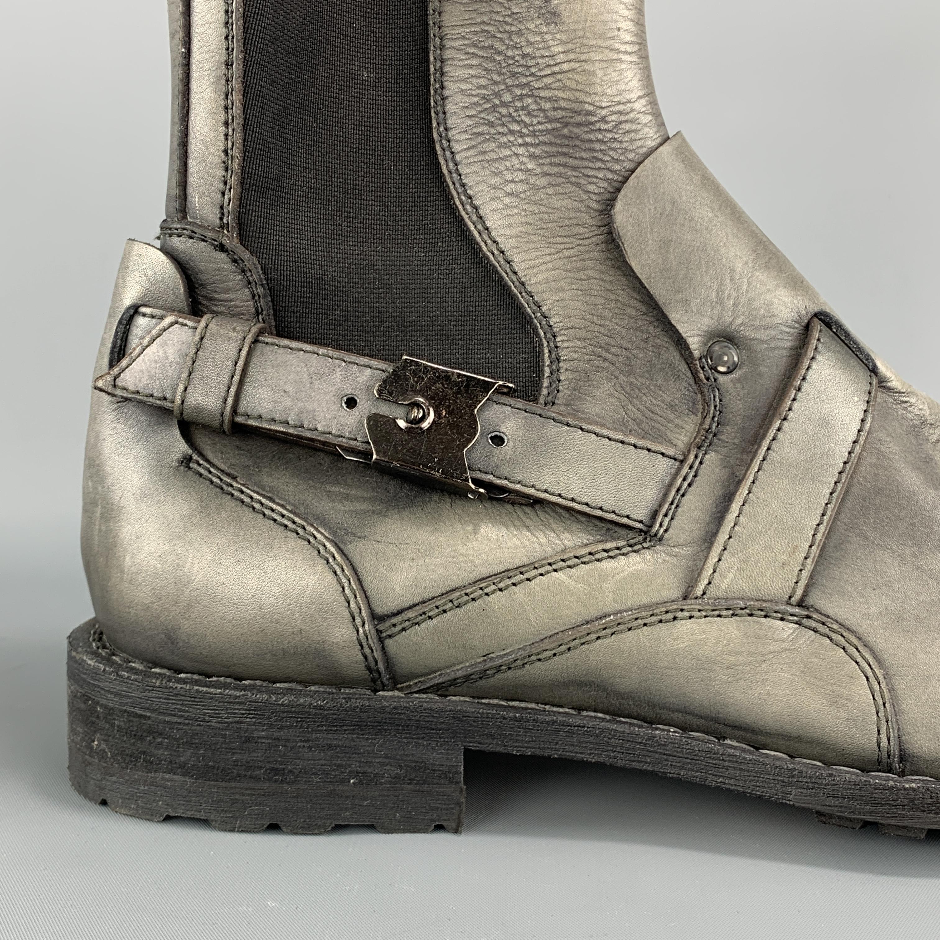 NEIL BARRETT Size 7 Gray Antique Leather Strap Detail Ankle Boots In Excellent Condition In San Francisco, CA
