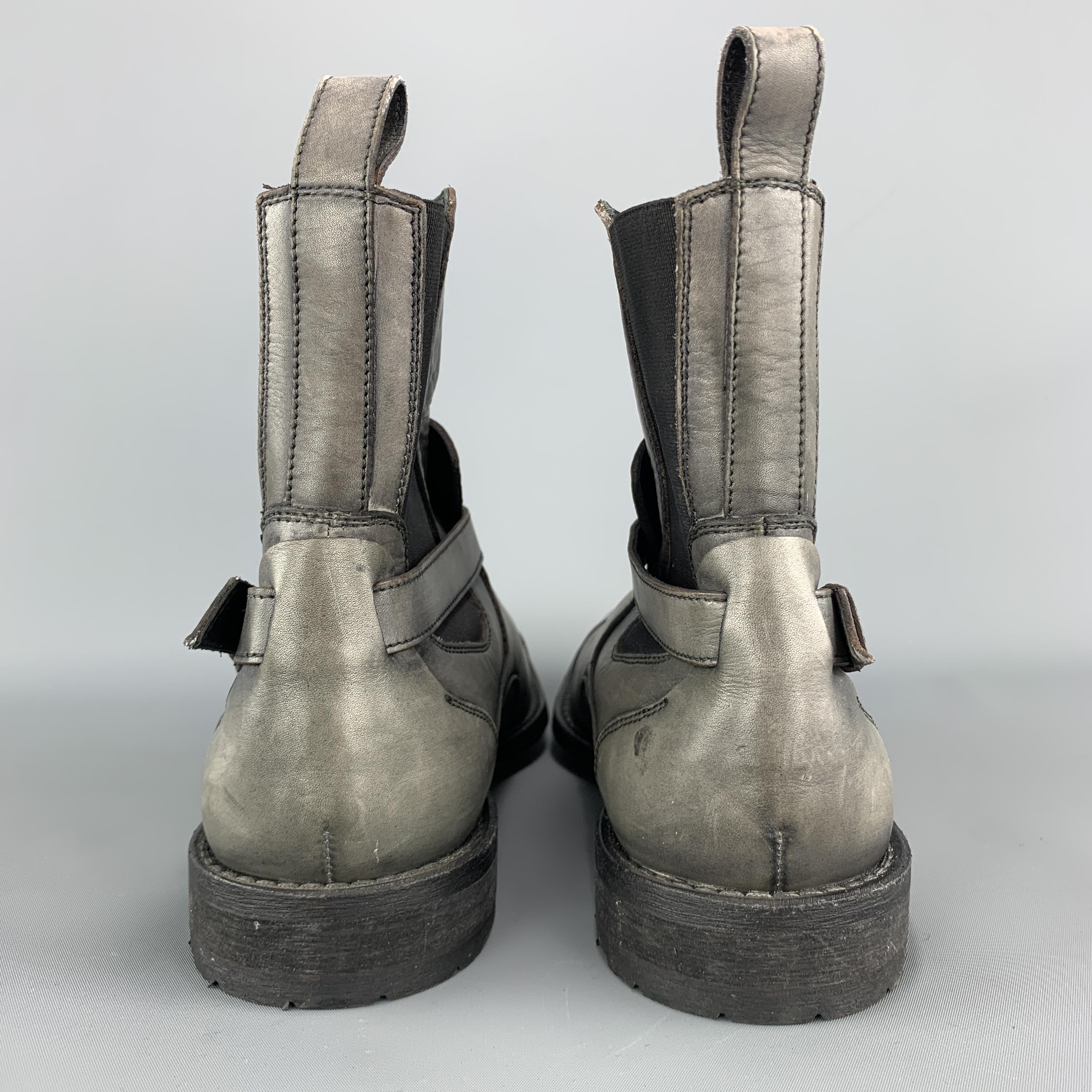 Men's NEIL BARRETT Size 7 Gray Antique Leather Strap Detail Ankle Boots