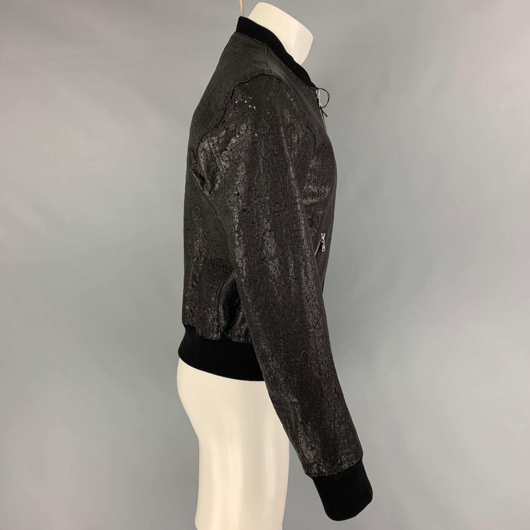 NEIL BARRETT Size L Black Distressed Leather Bomber Jacket In Good Condition For Sale In San Francisco, CA