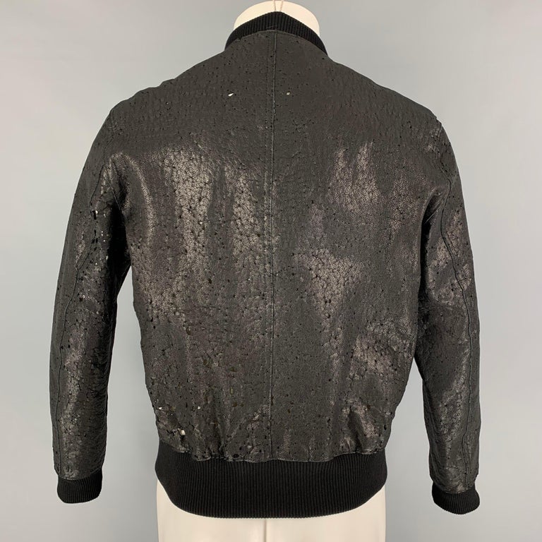 Men's NEIL BARRETT Size L Black Distressed Leather Bomber Jacket For Sale