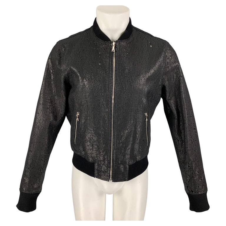NEIL BARRETT Size L Black Distressed Leather Bomber Jacket For Sale