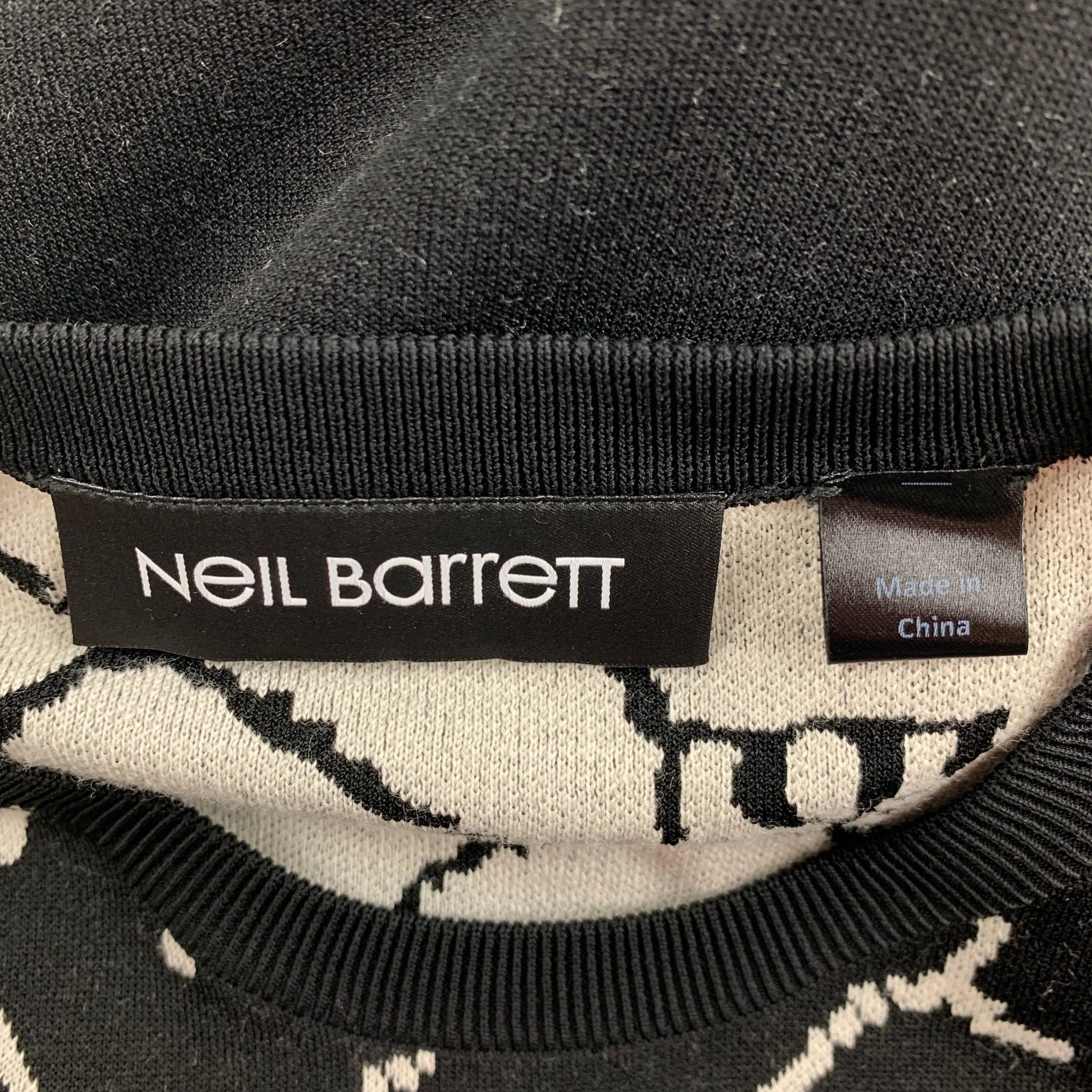 Men's NEIL BARRETT Size L Black White Abstract Wool Viscose Blend Crew-Neck Sweater