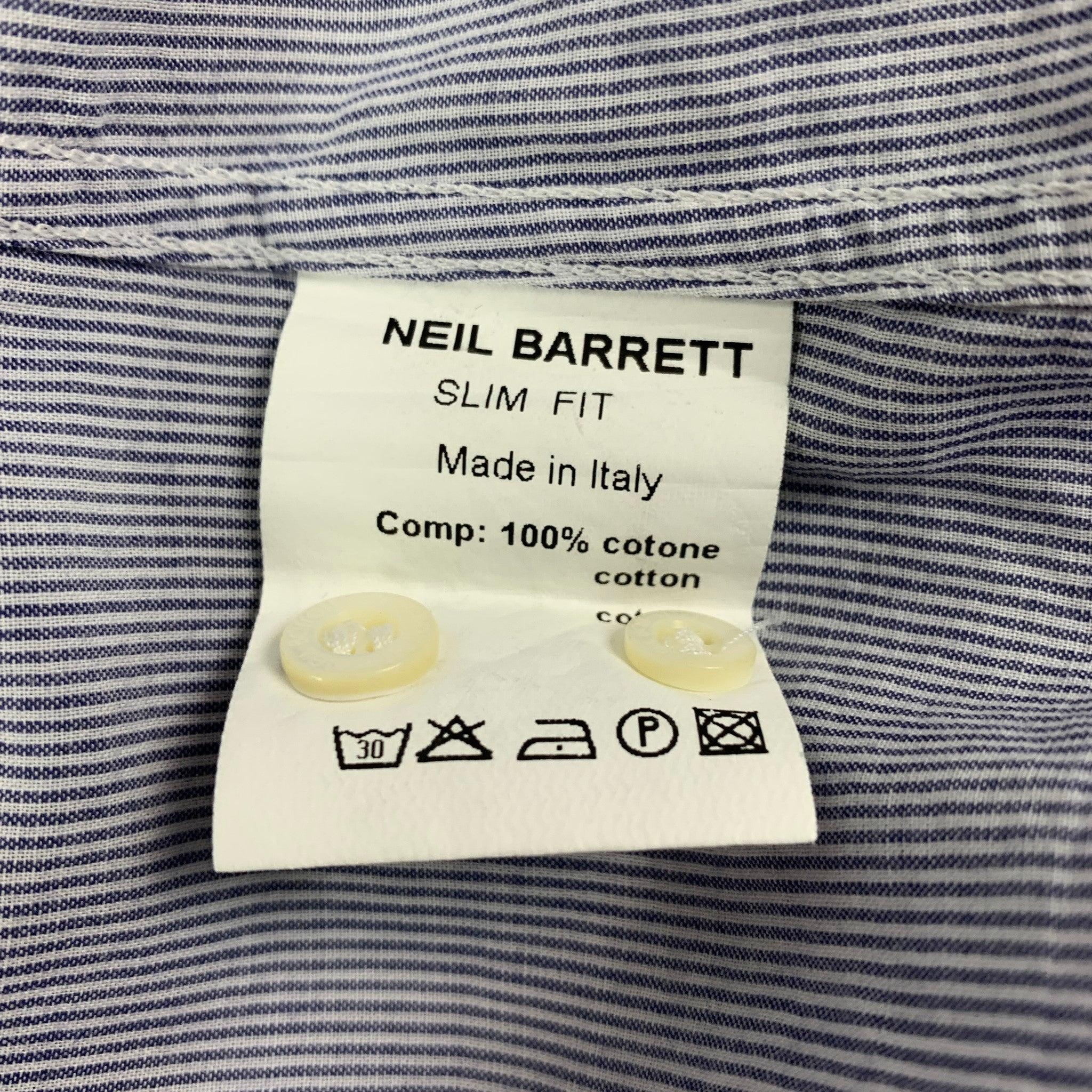 Men's NEIL BARRETT Size L Blue Stripe Cotton Raw Edge Slim Fit Long Sleeve Shirt For Sale
