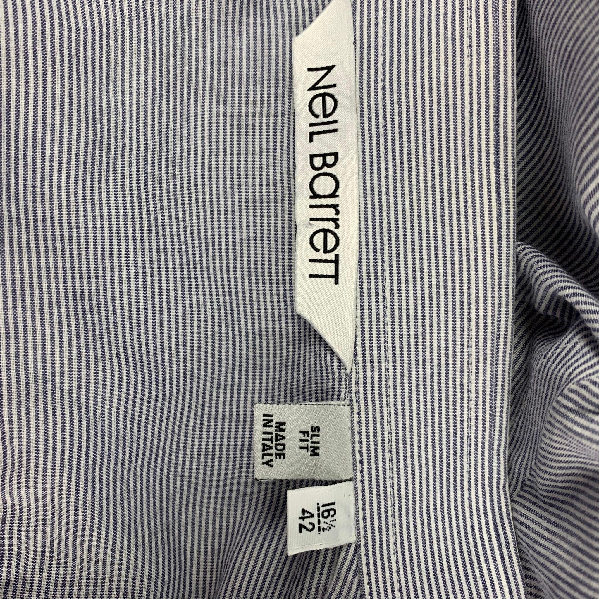 NEIL BARRETT Size L Blue Stripe Cotton Raw Edge Slim Fit Long Sleeve Shirt For Sale 1