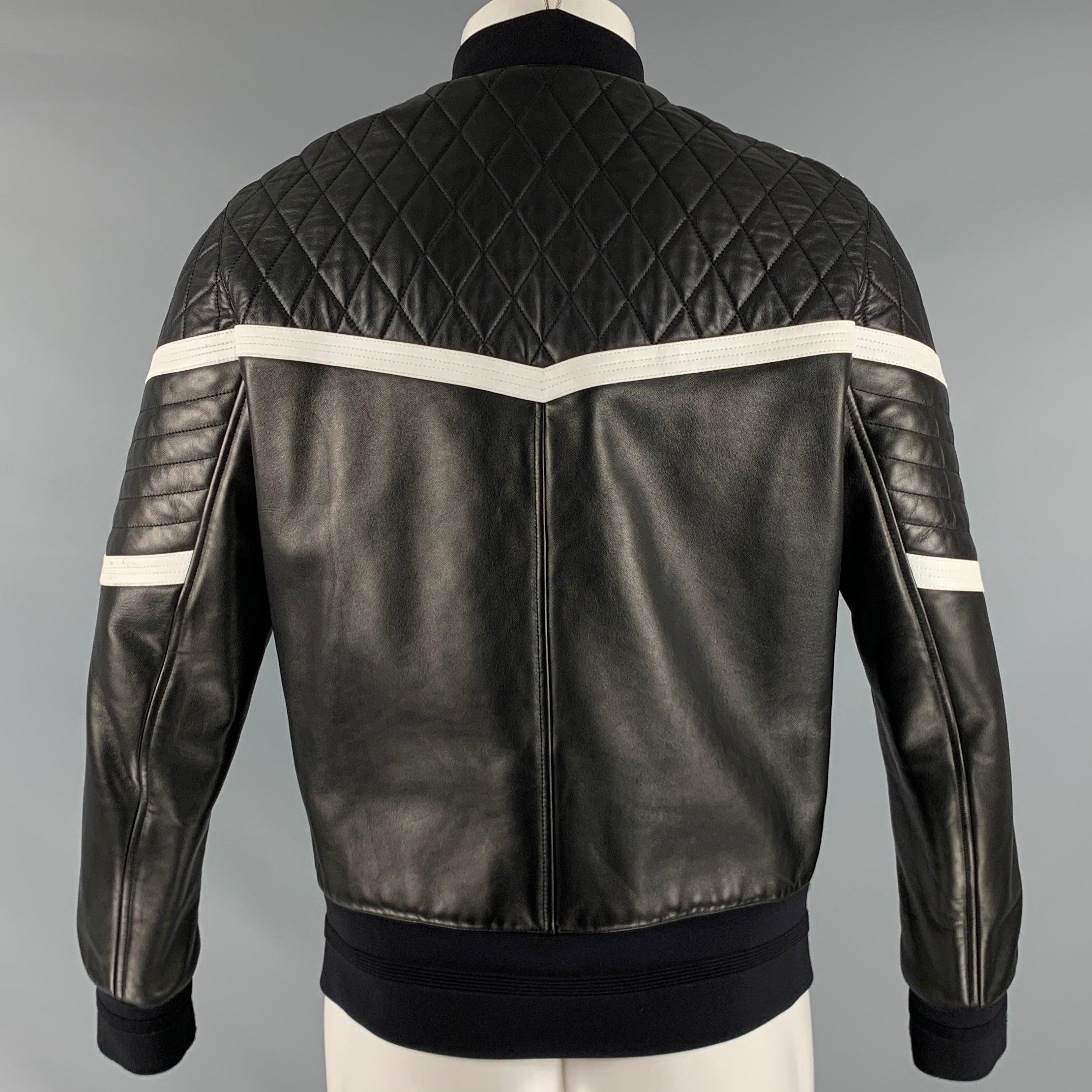 NEIL BARRETT Size M Black White Quilted Leather Zip Up Jacket In Good Condition For Sale In San Francisco, CA