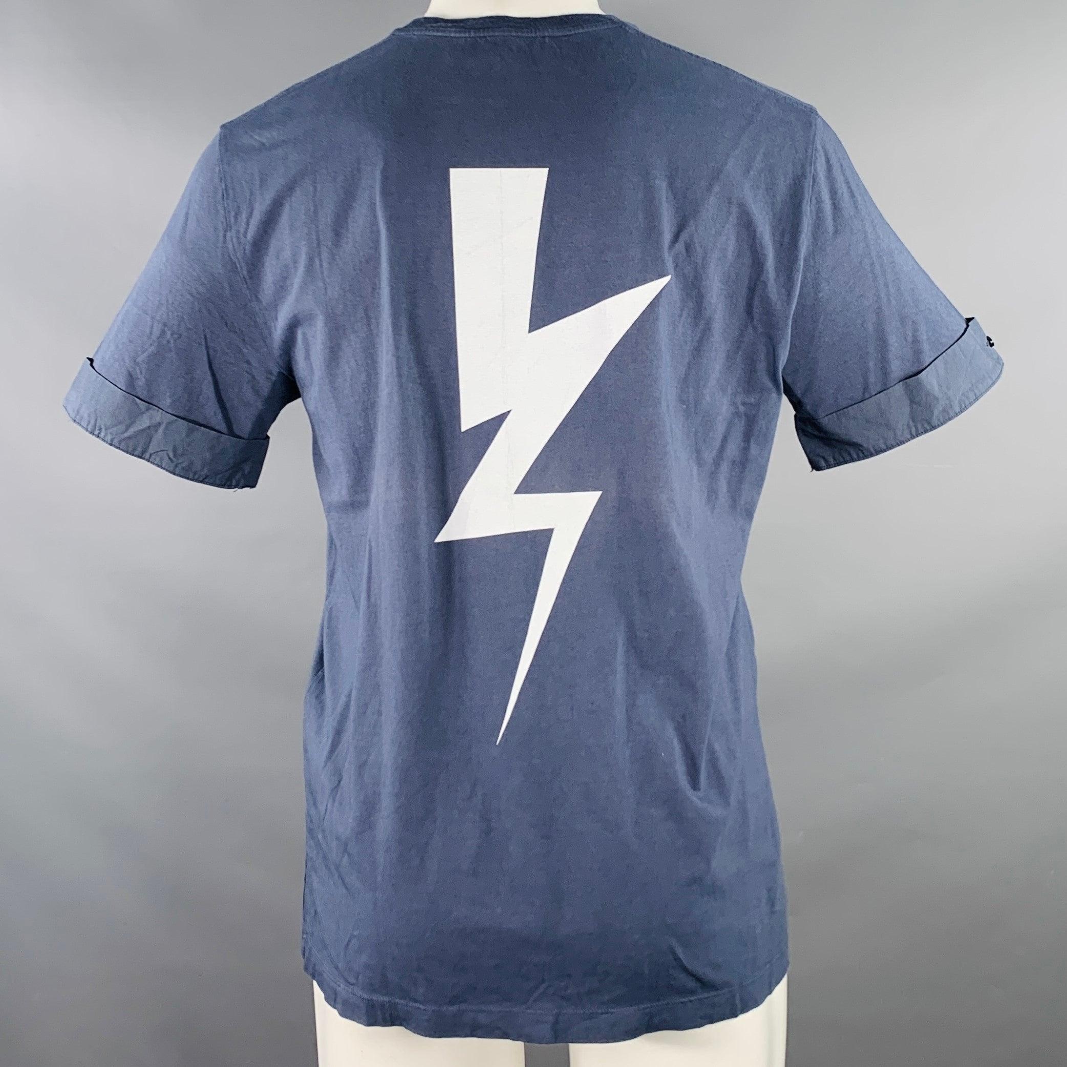 Gris NEIL BARRETT Taille M Bleu Blanc Coton Lightning Bolt Cuffed Crew Neck T-shirt en vente