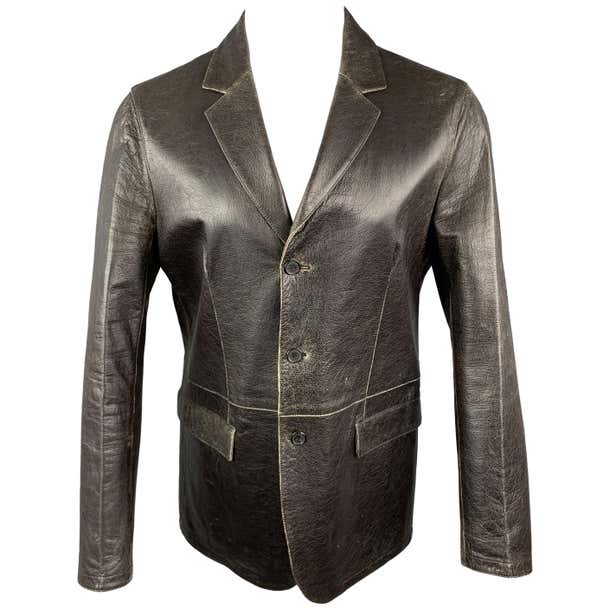 NEIL BARRETT Size M Brown Distressed Leather Notch Lapel Blazer For ...