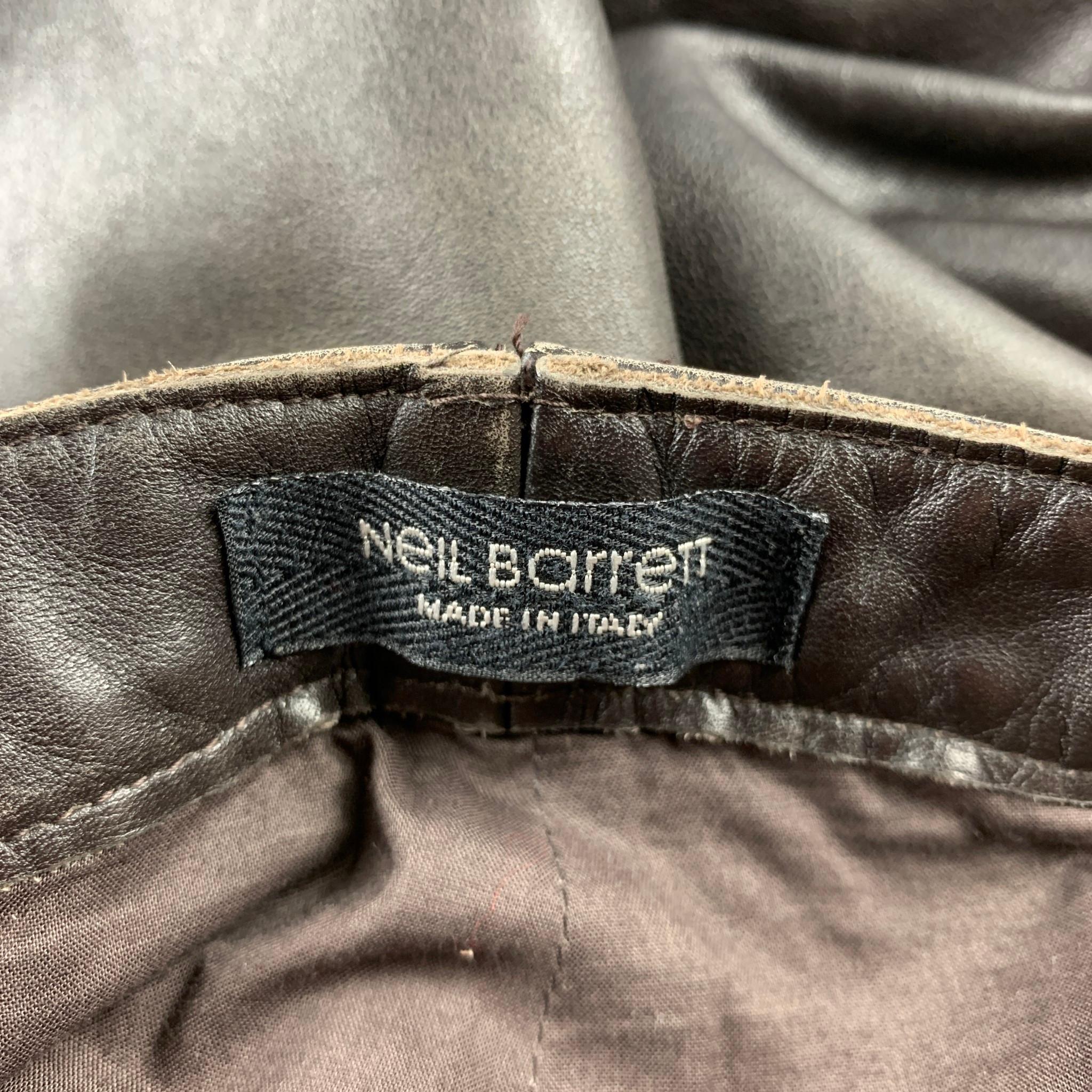 NEIL BARRETT Size M Brown Distressed Leather Zip Fly Casual Pants 1