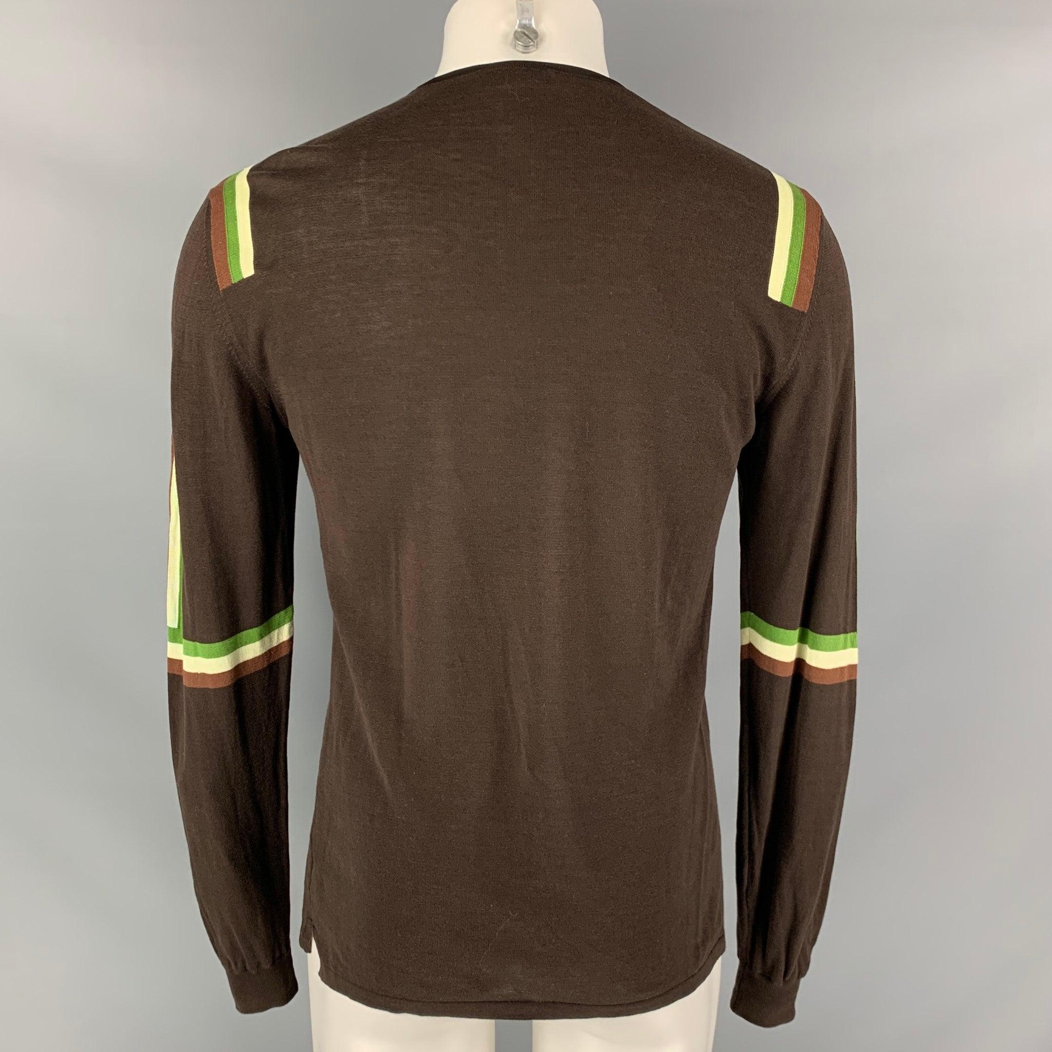 Black NEIL BARRETT Size M Brown Green Stripe Cotton Crew Neck Pullover For Sale