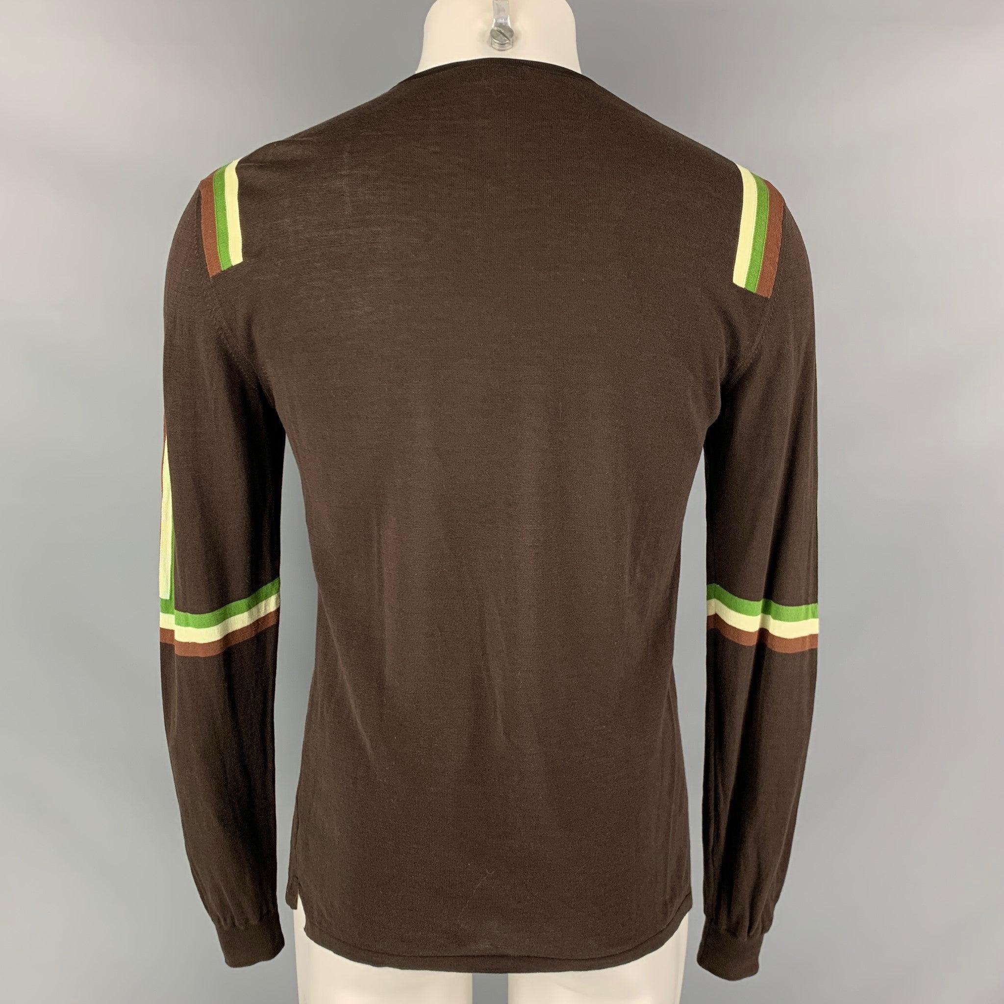 NEIL BARRETT Size M Brown Green Stripe Cotton Crew-Neck Pullover In Excellent Condition For Sale In San Francisco, CA