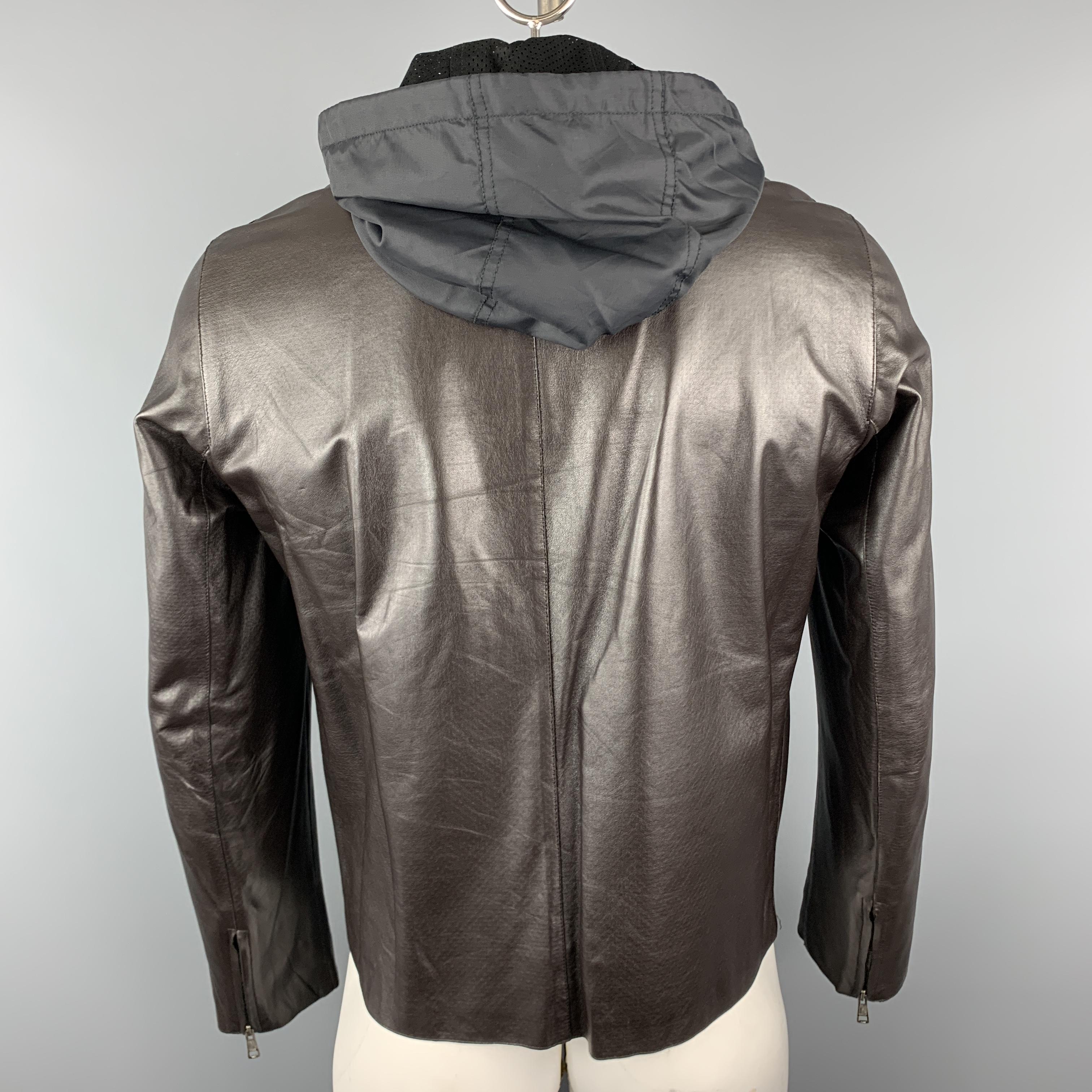 NEIL BARRETT Size M Brown Leather Zip Off Hood Biker Jacket In Excellent Condition In San Francisco, CA