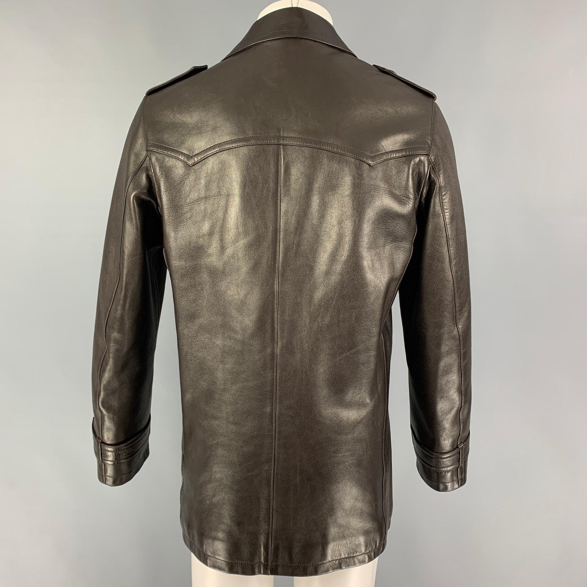 NEIL BARRETT Size M Dark Brown Leather Double Breasted Coat In Good Condition For Sale In San Francisco, CA