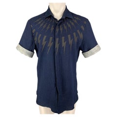 NEIL BARRETT Size M Navy Gray Lightning Print Cotton Short Sleeve Shirt