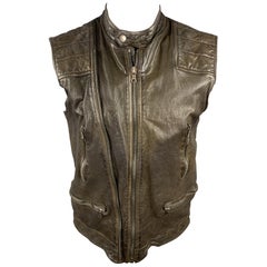 NEIL BARRETT Size S Brown 'Military' Camo Lining Distressed Leather Vest