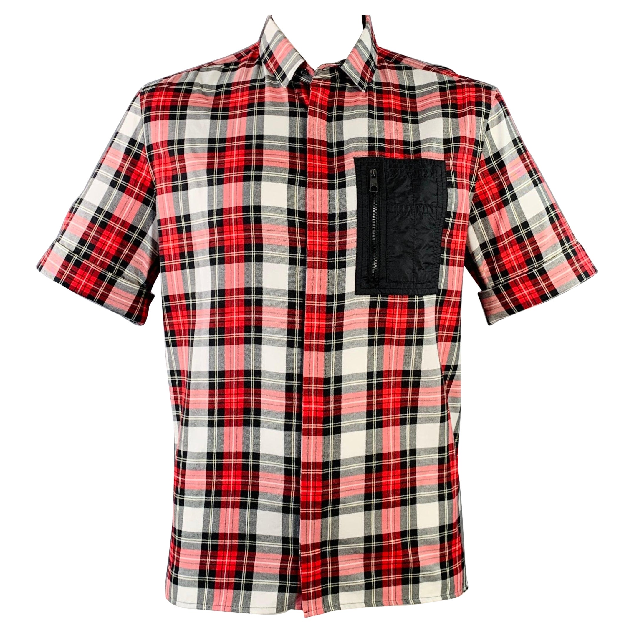 NEIL BARRETT Size XL Red Black White Plaid Cotton One Pocket Short Sleeve Shirt