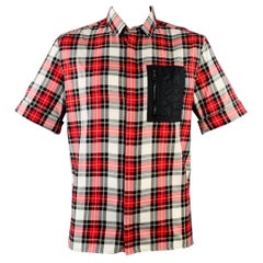 NEIL BARRETT Size XL Red Black White Plaid Cotton One Pocket Short Sleeve Shirt