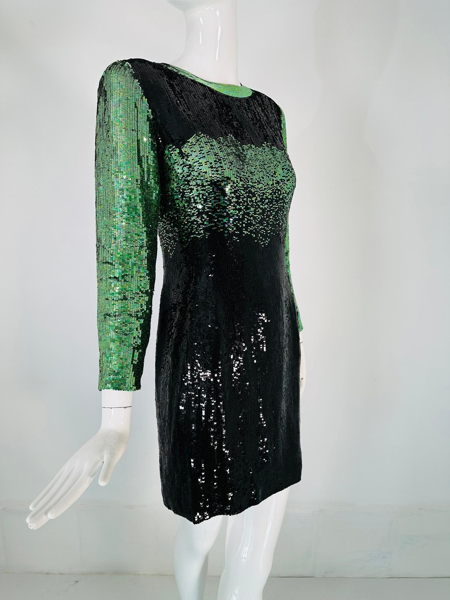 Neil Beiff Black & Green Totally Sequined Cocktail Dress  In Good Condition For Sale In West Palm Beach, FL