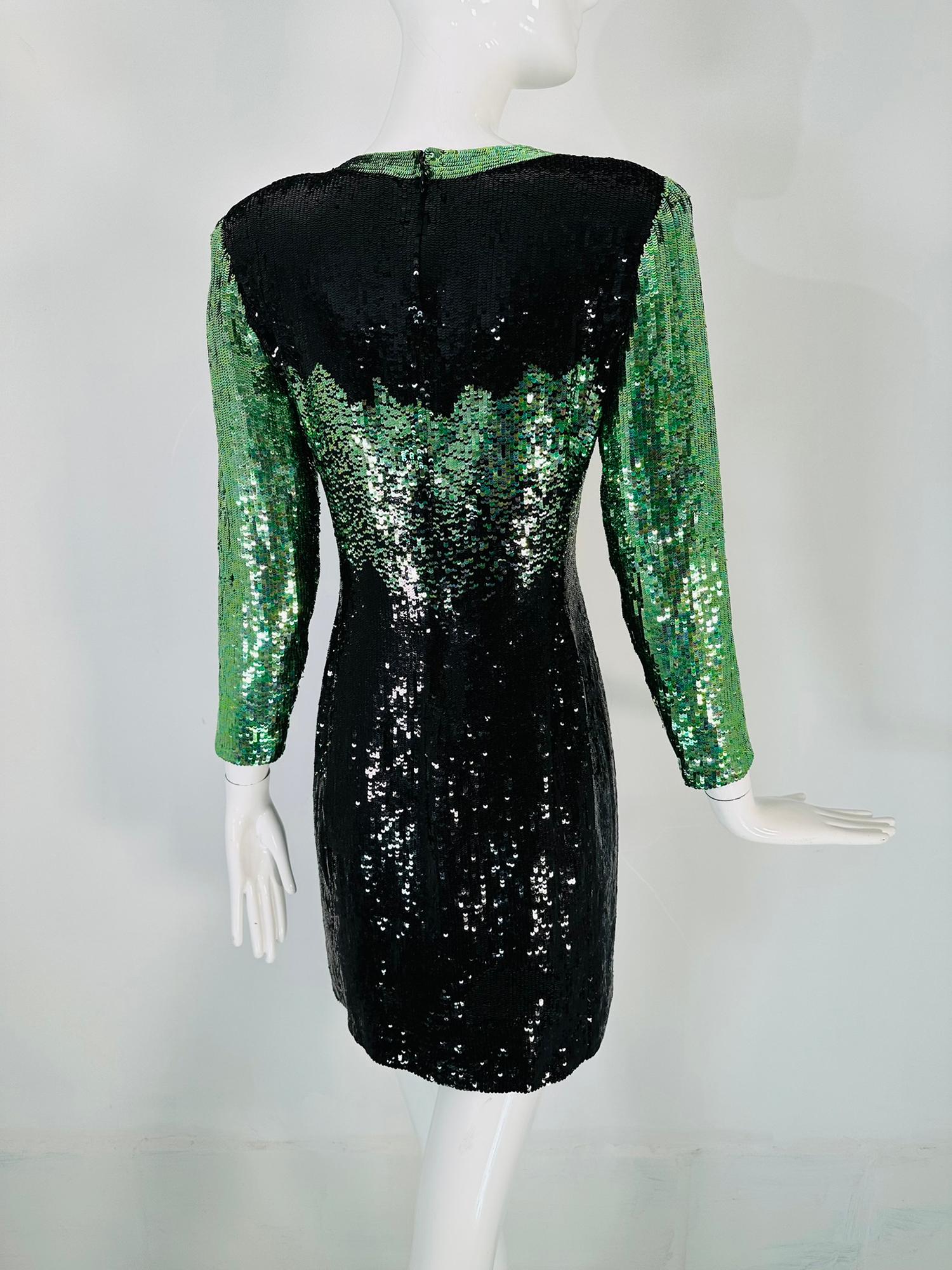 Neil Beiff Black & Green Totally Sequined Cocktail Dress  For Sale 3