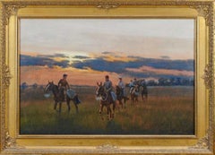 Vintage BRITISH SPORTING ART SIGNED LARGE OIL - HORSES & JOCKEYS RETURNING AT SUNSET