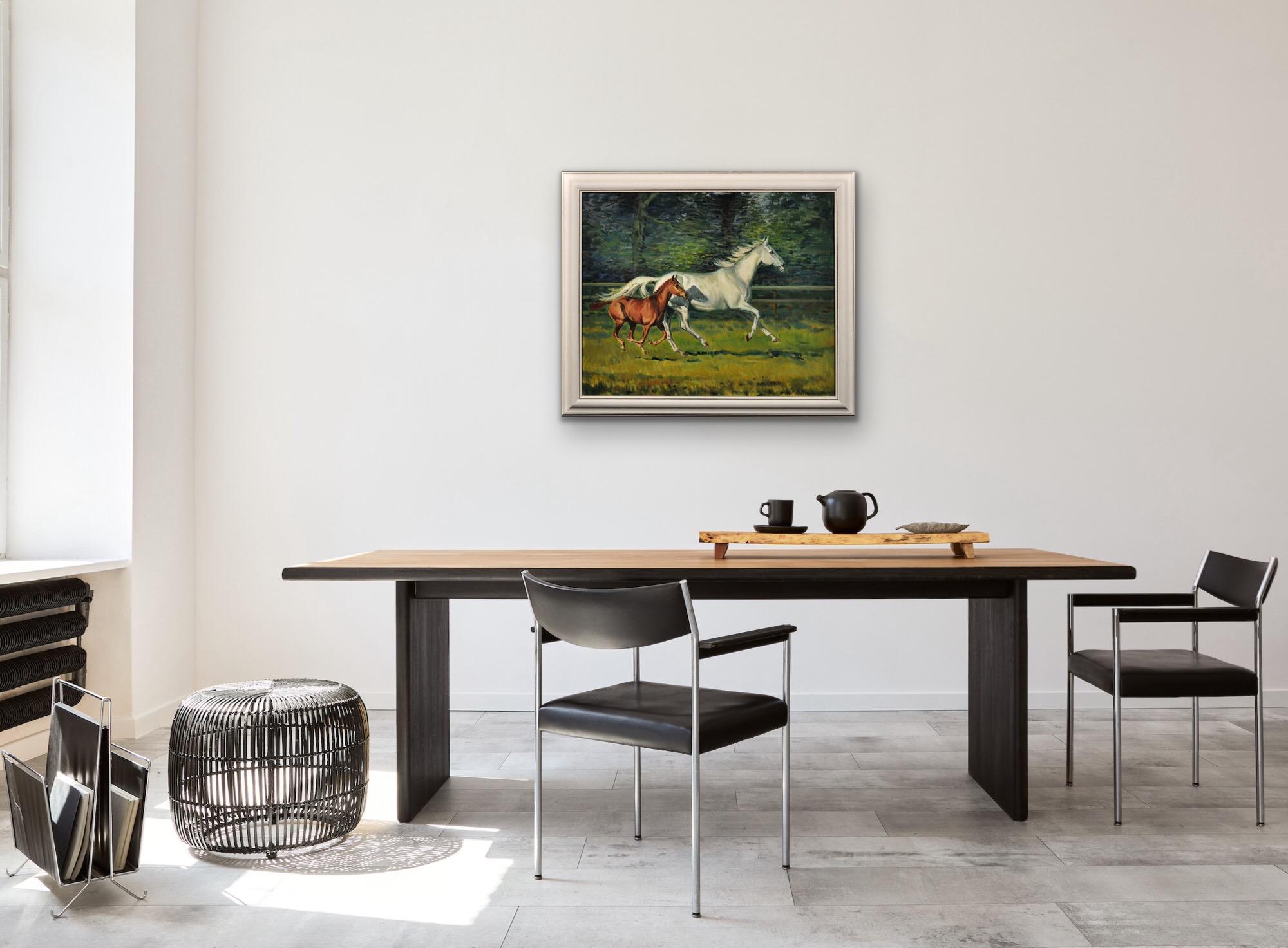 Gray Mare With Foal. 20th Century Modern British Equestrian Horse Oil Painting. 6