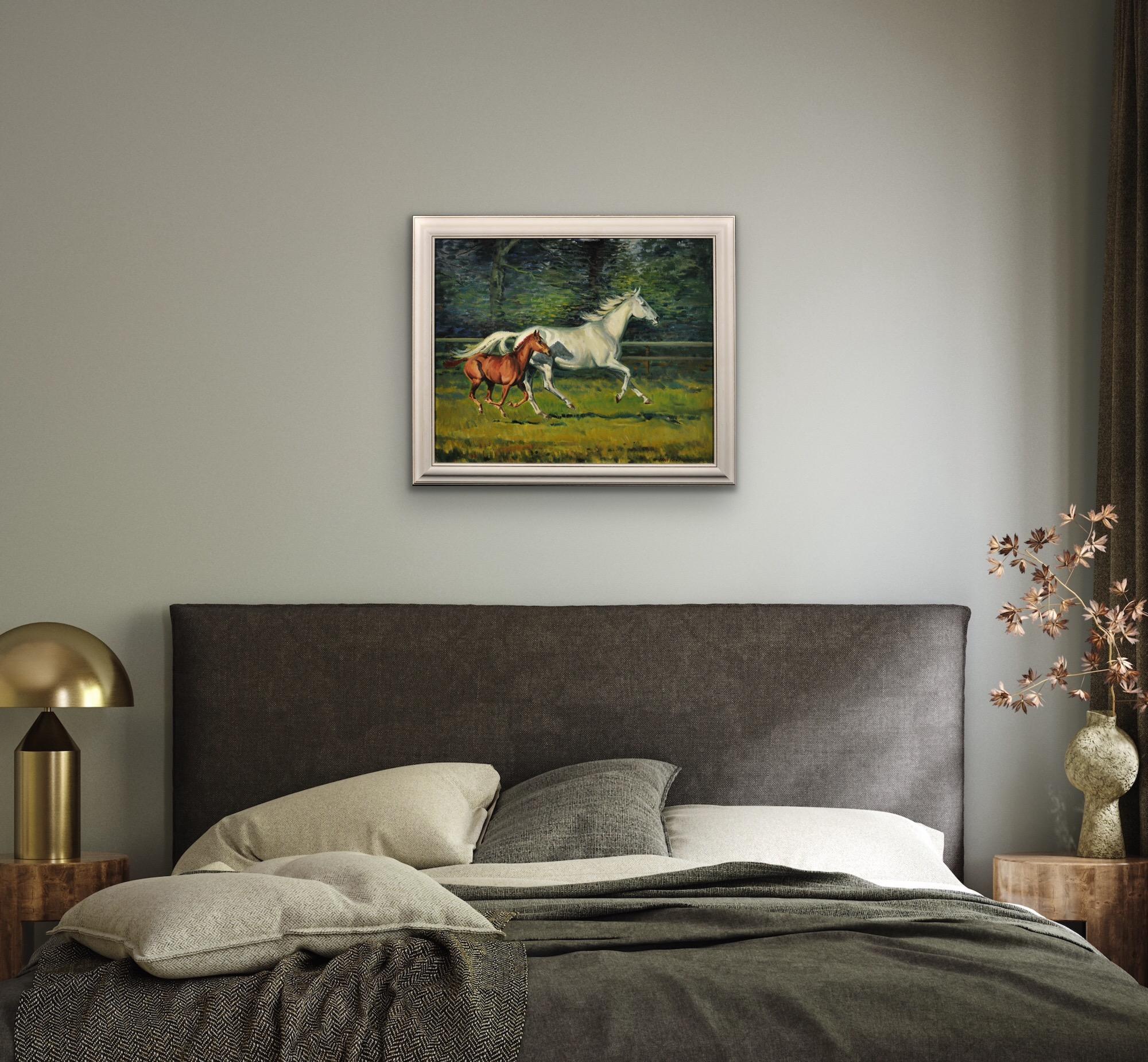 Gray Mare With Foal. 20th Century Modern British Equestrian Horse Oil Painting. 8