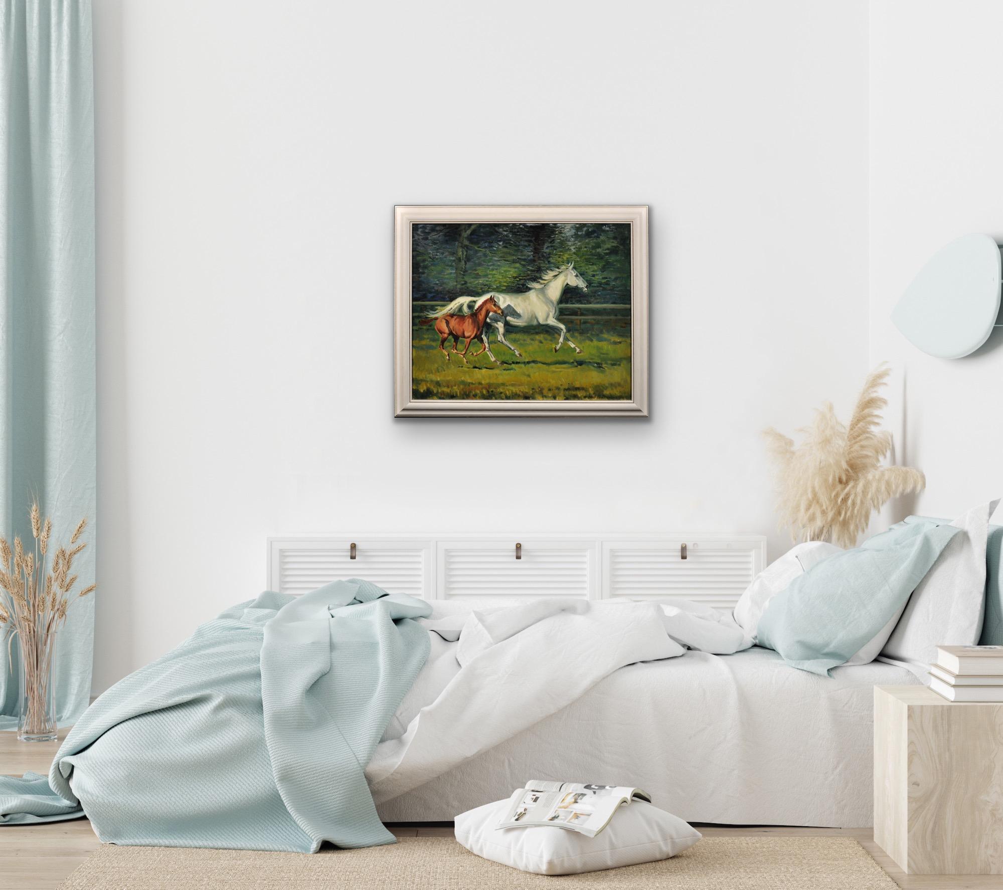 Gray Mare With Foal. 20th Century Modern British Equestrian Horse Oil Painting. 9