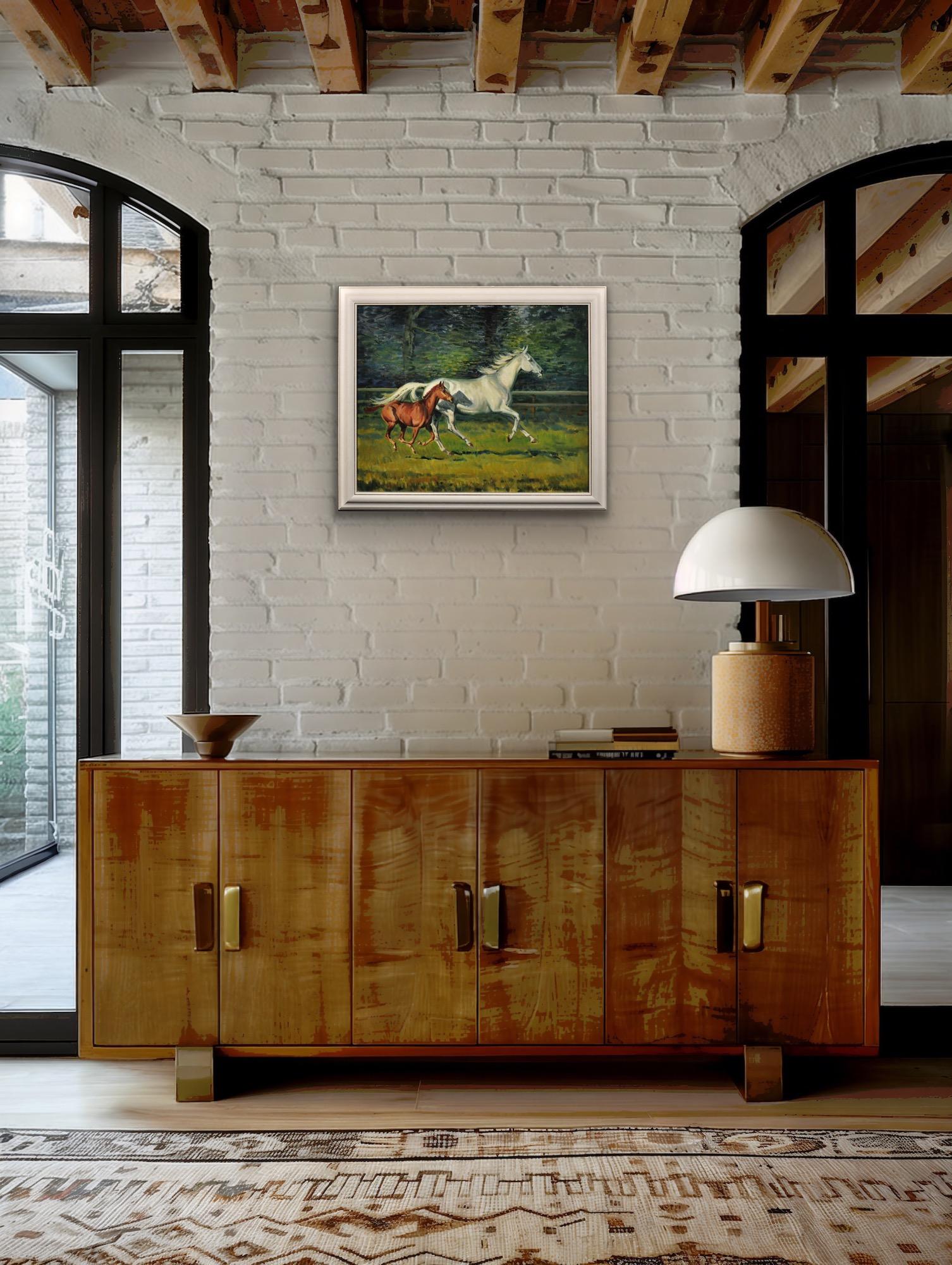 Gray Mare With Foal. 20th Century Modern British Equestrian Horse Oil Painting. 10