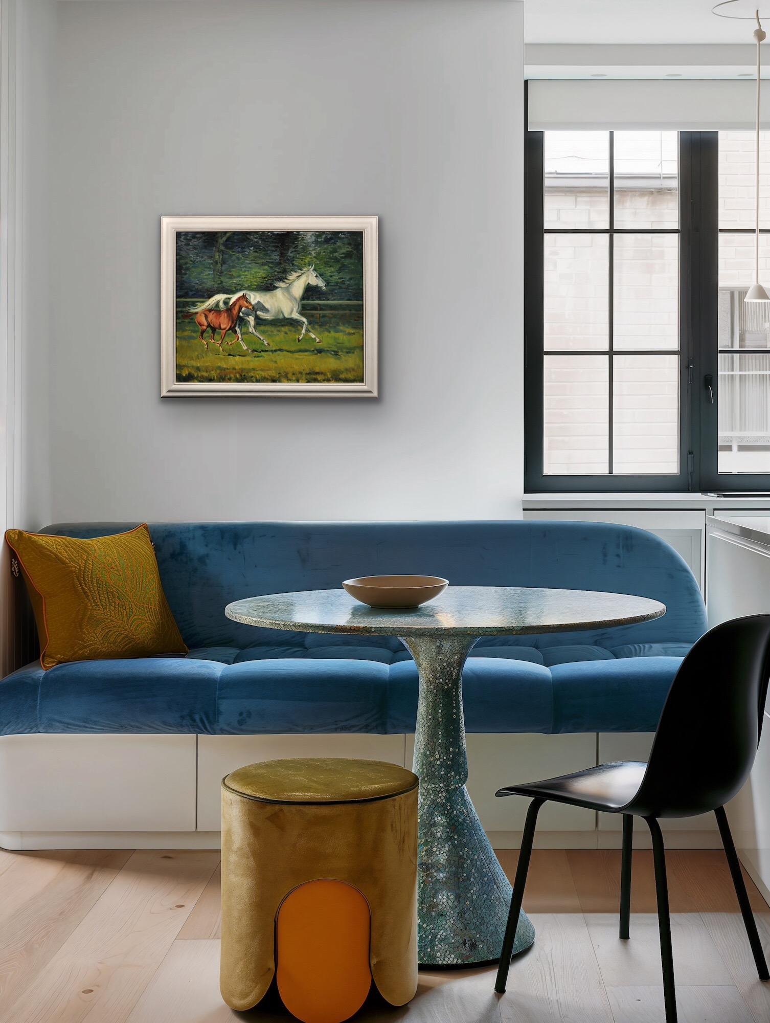 Gray Mare With Foal. 20th Century Modern British Equestrian Horse Oil Painting. 11