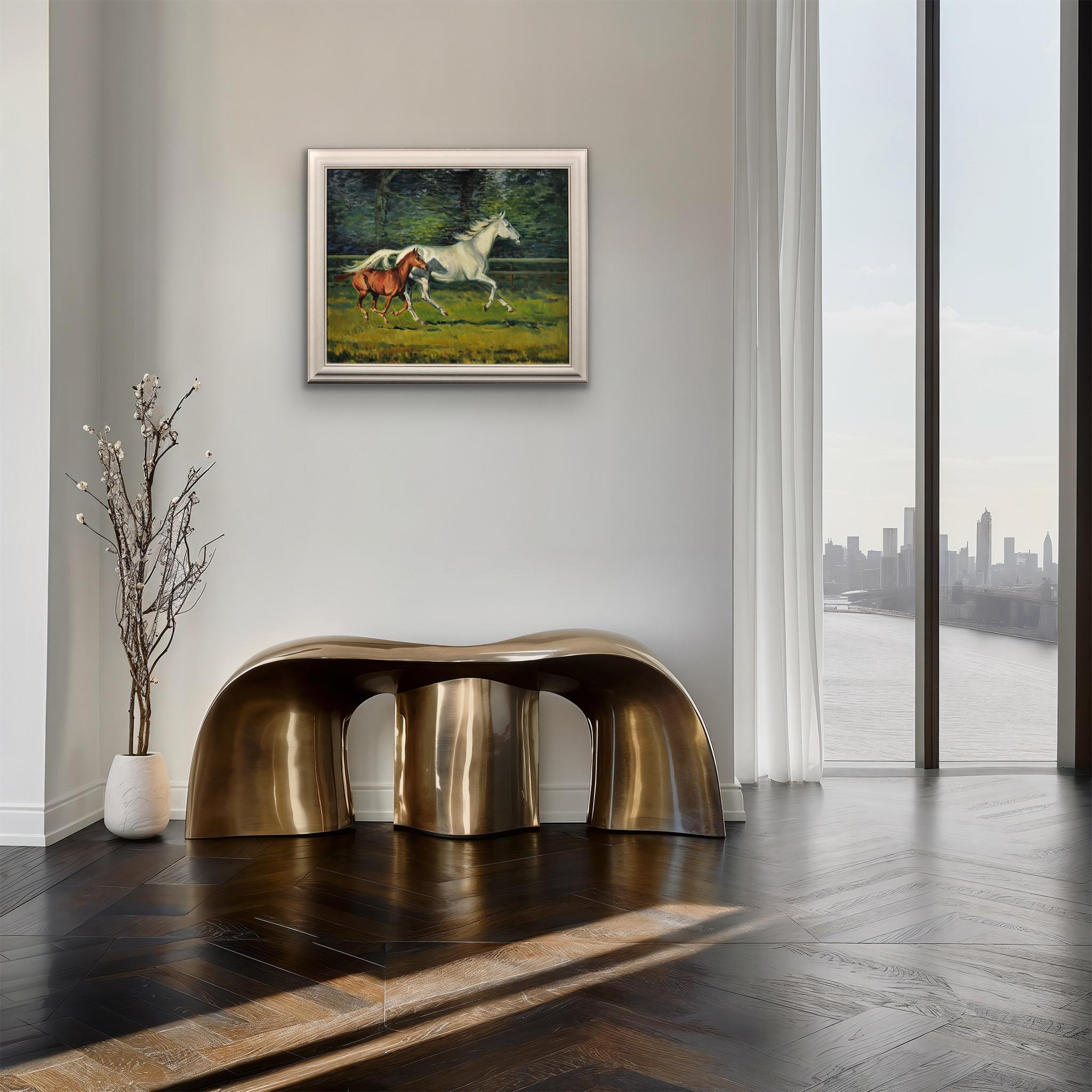 Gray Mare With Foal. 20th Century Modern British Equestrian Horse Oil Painting. 14