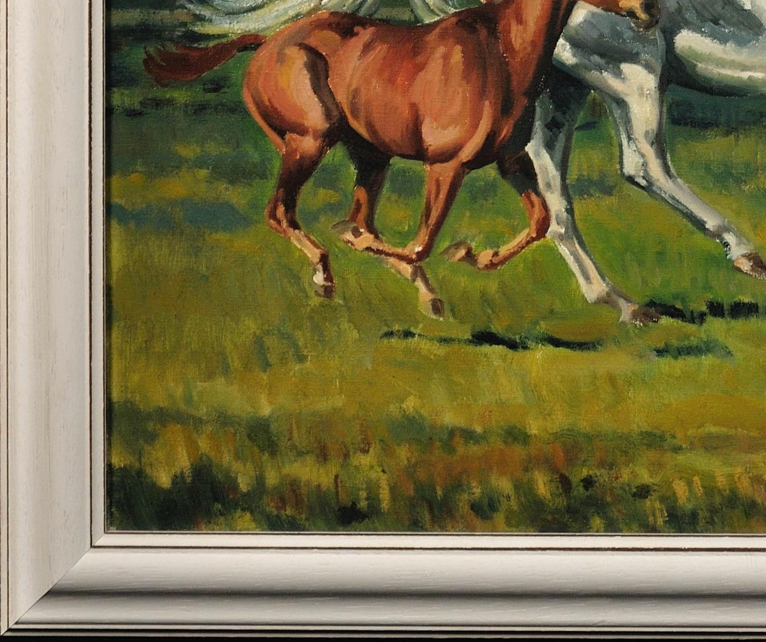 Gray Mare With Foal. 20th Century Modern British Equestrian Horse Oil Painting. 15