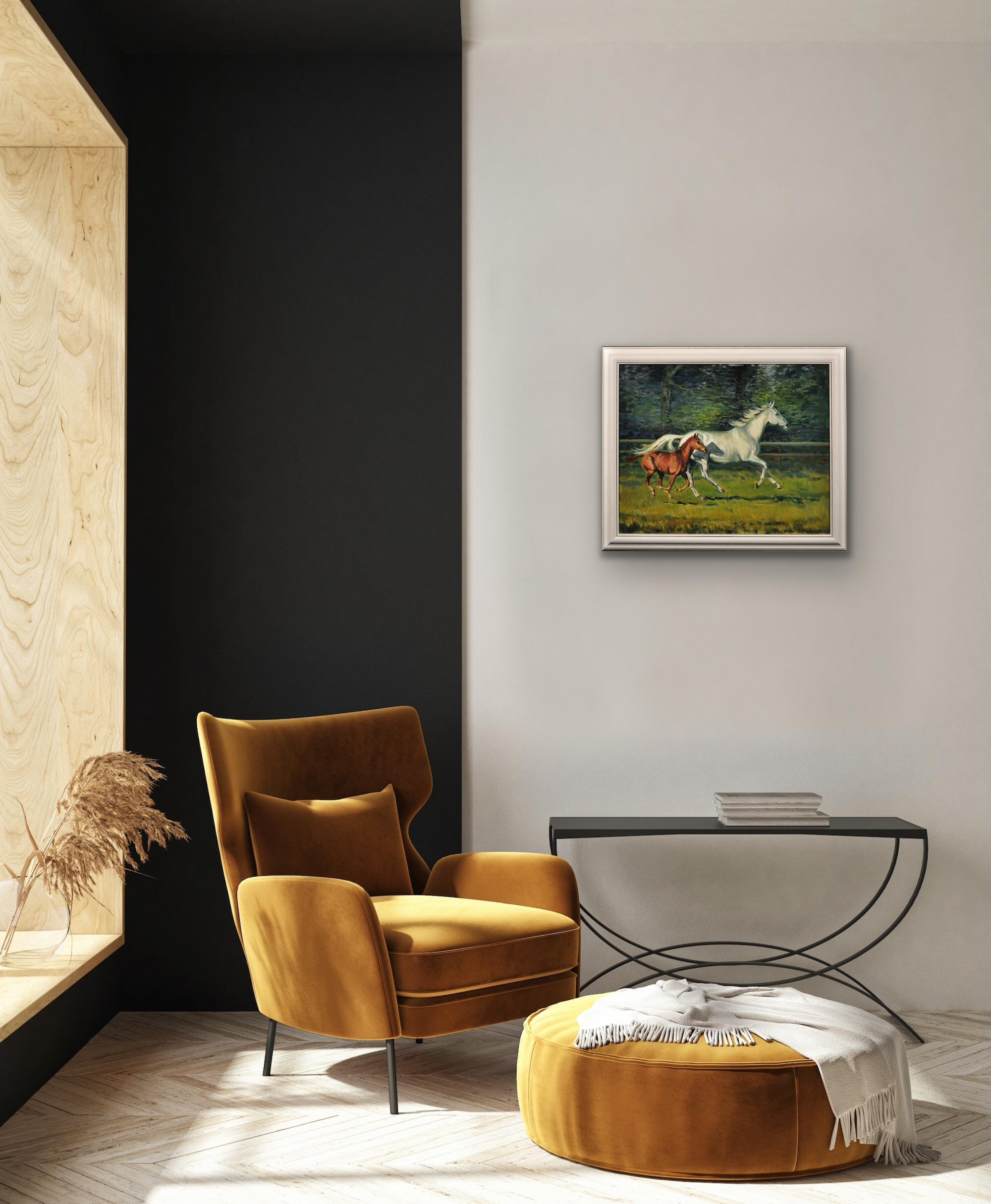 Gray Mare With Foal. 20th Century Modern British Equestrian Horse Oil Painting. 2