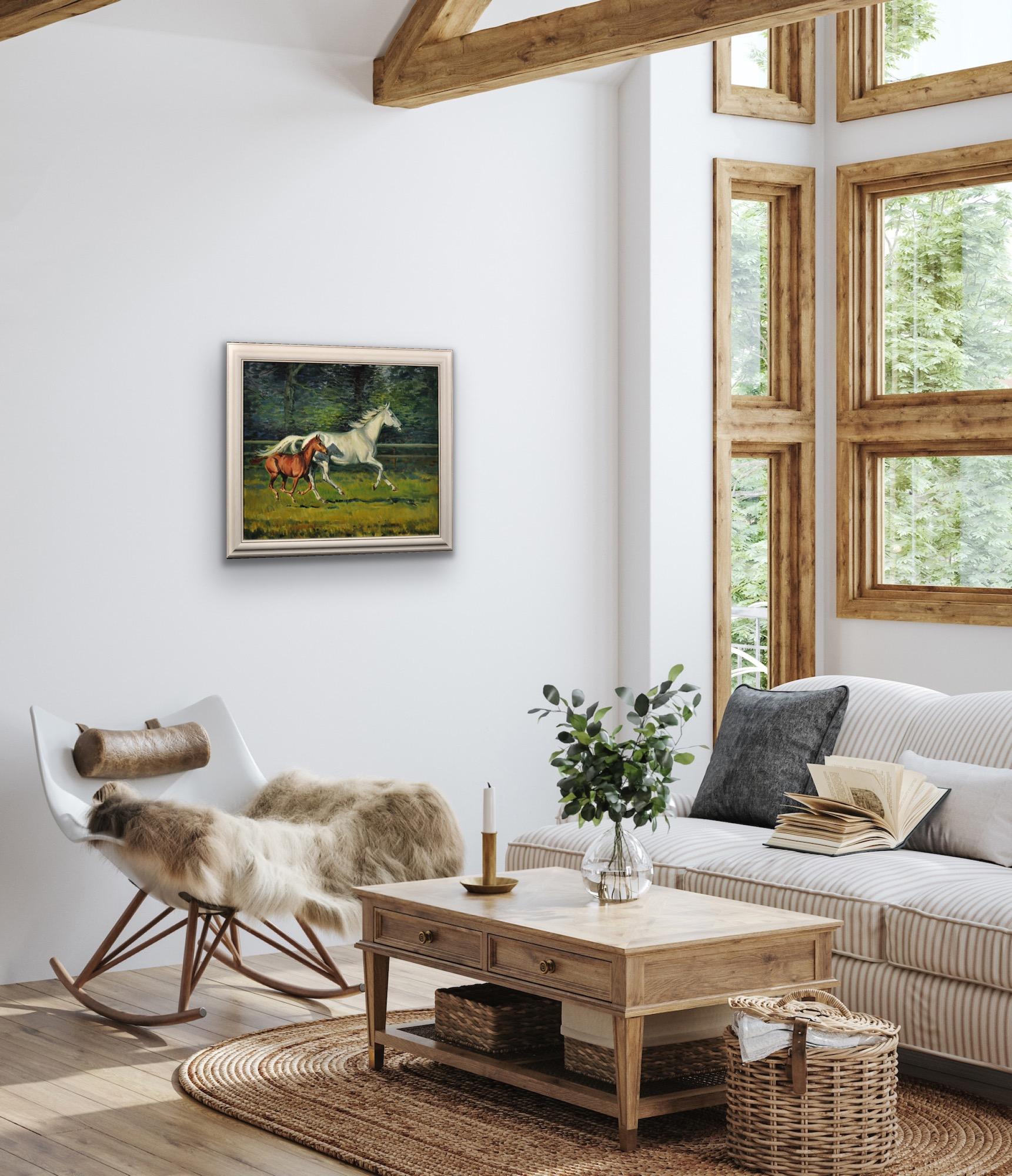 Gray Mare With Foal. 20th Century Modern British Equestrian Horse Oil Painting. 3