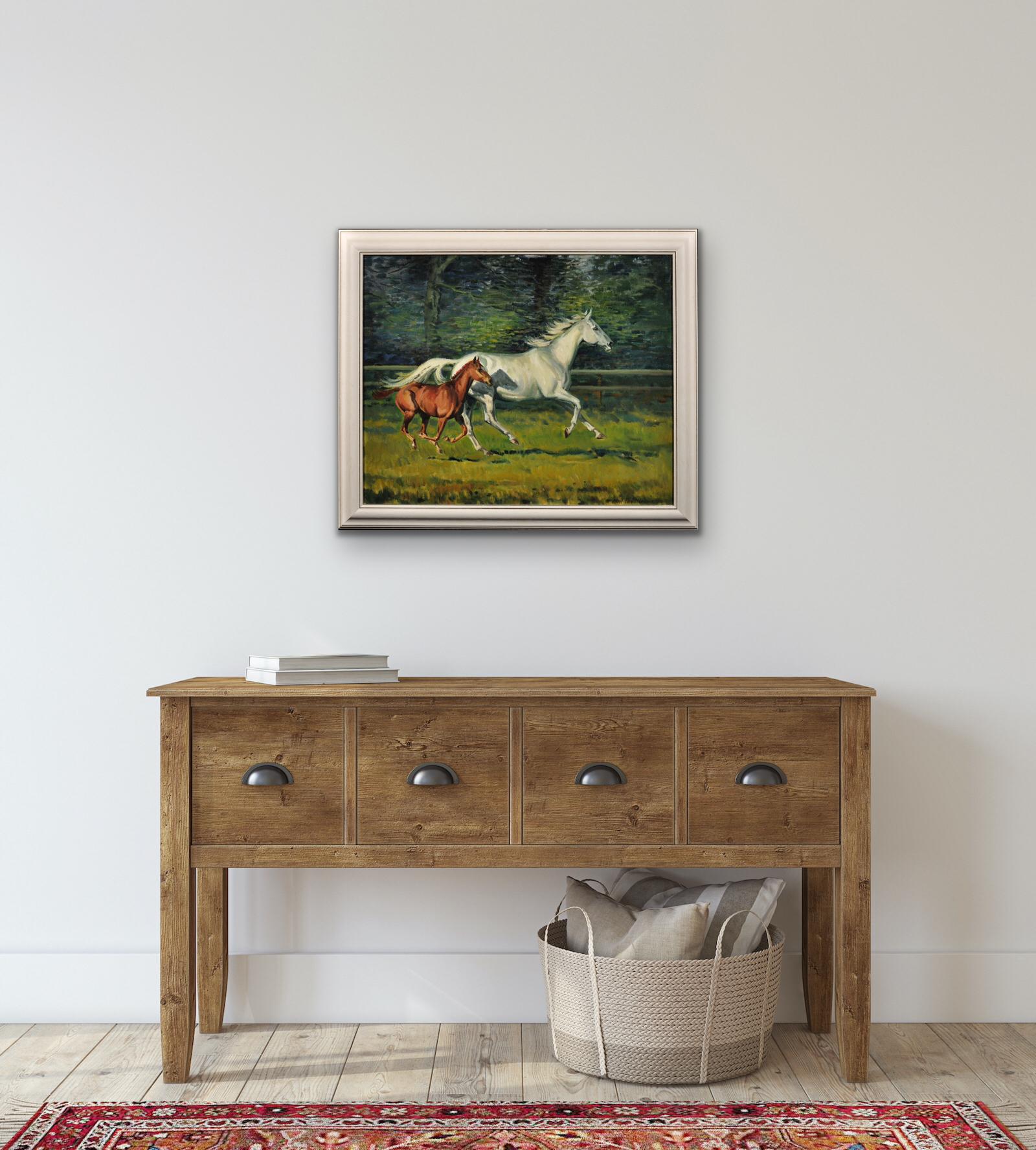 Neil Cawthorne. 
English ( b.1936 - d.2022 ).
Gray Mare with Foal, 1970.
Oil On Canvas. 
Signed & Dated Lower Right.
Image size 17.3 inches x 21.7 inches ( 44cm x 55cm ).
Frame size 21.3 inches x 25.4 inches ( 54cm x 64.5cm ).

Available for sale;