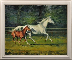 Jument grise avec poulain. Artiste équestre britannique moderne. Peinture originale de cheval.