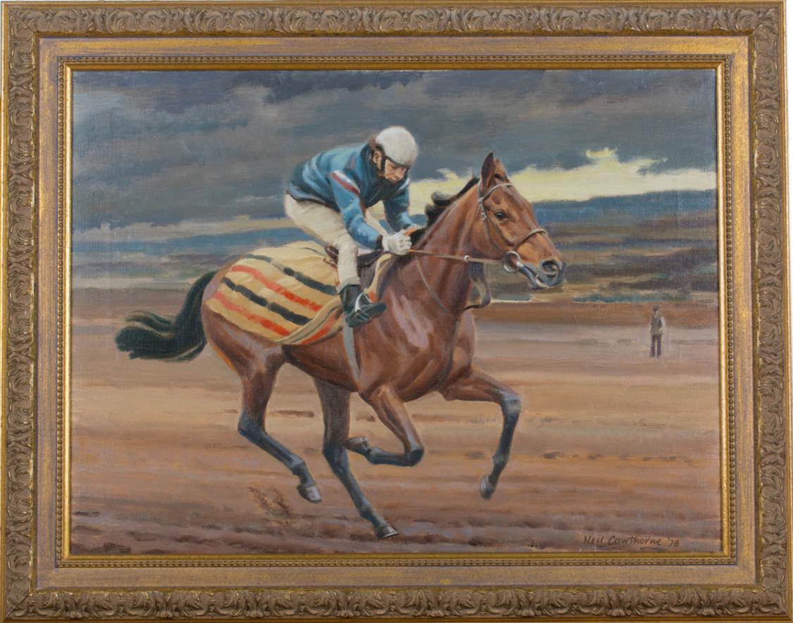 Neil Cawthorne Landscape Painting - The Racehorse "Red Rum" with Jockey-up training