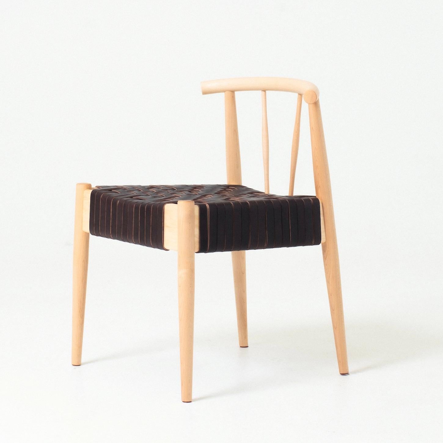 Turned Neil Chair, Modern Wood and Leather Weave Dining Chair For Sale