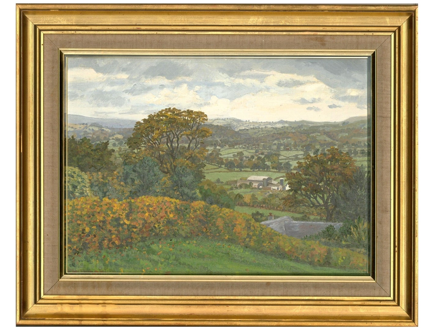 A fine topographical landscape in oil showing an expansive view across the vale of Clwyd, Wales. The artist has wonderfully captured the steely sky and golden leaves of an overcast, Autumn afternoon. The painting has been signed and dated (partially
