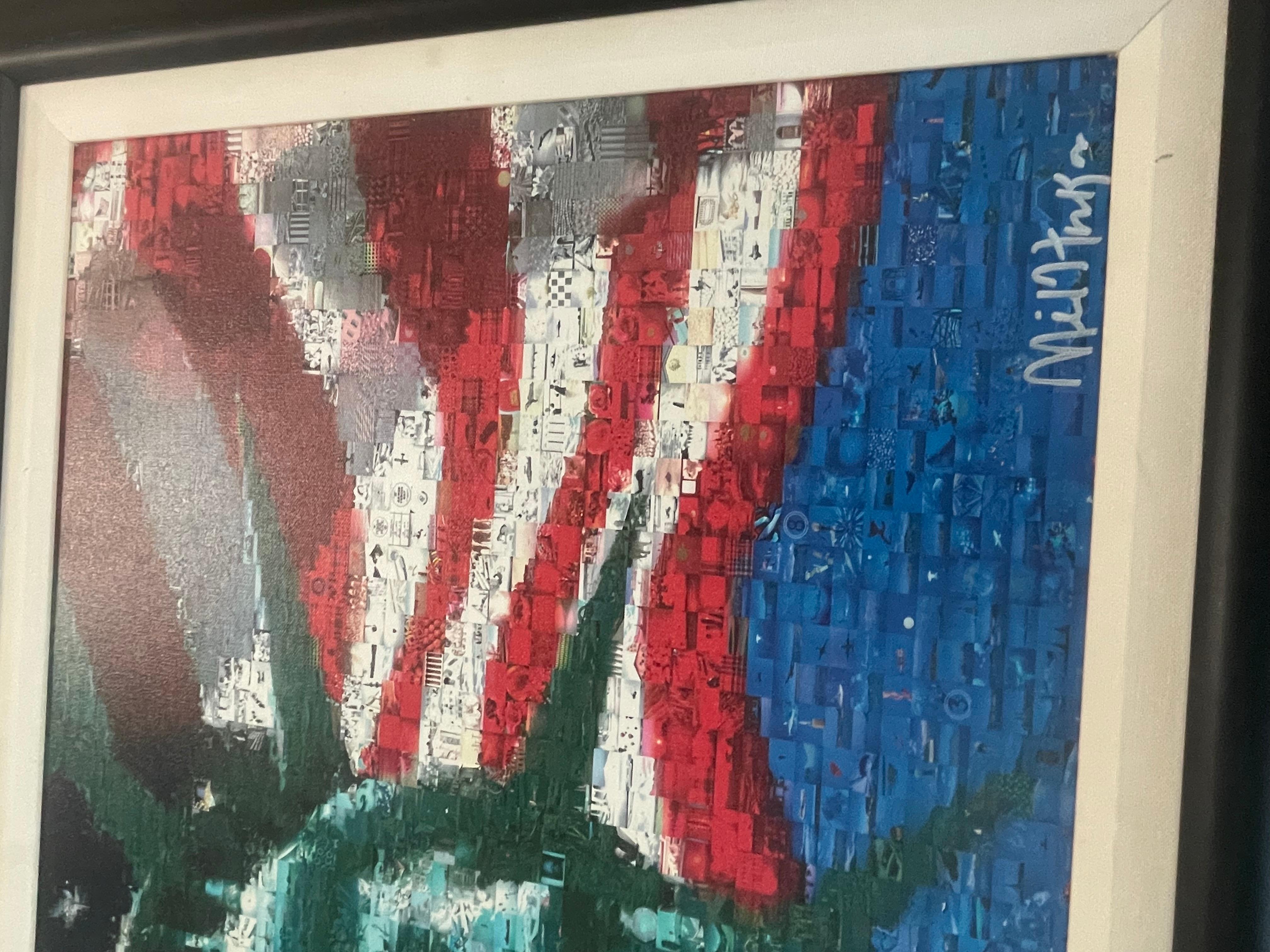 This is a Neil J Farkas Painting On Canvas Embellished Serigraph “Statue And Flag”. In good condition. Measures 33x27. Some minor wear on frame