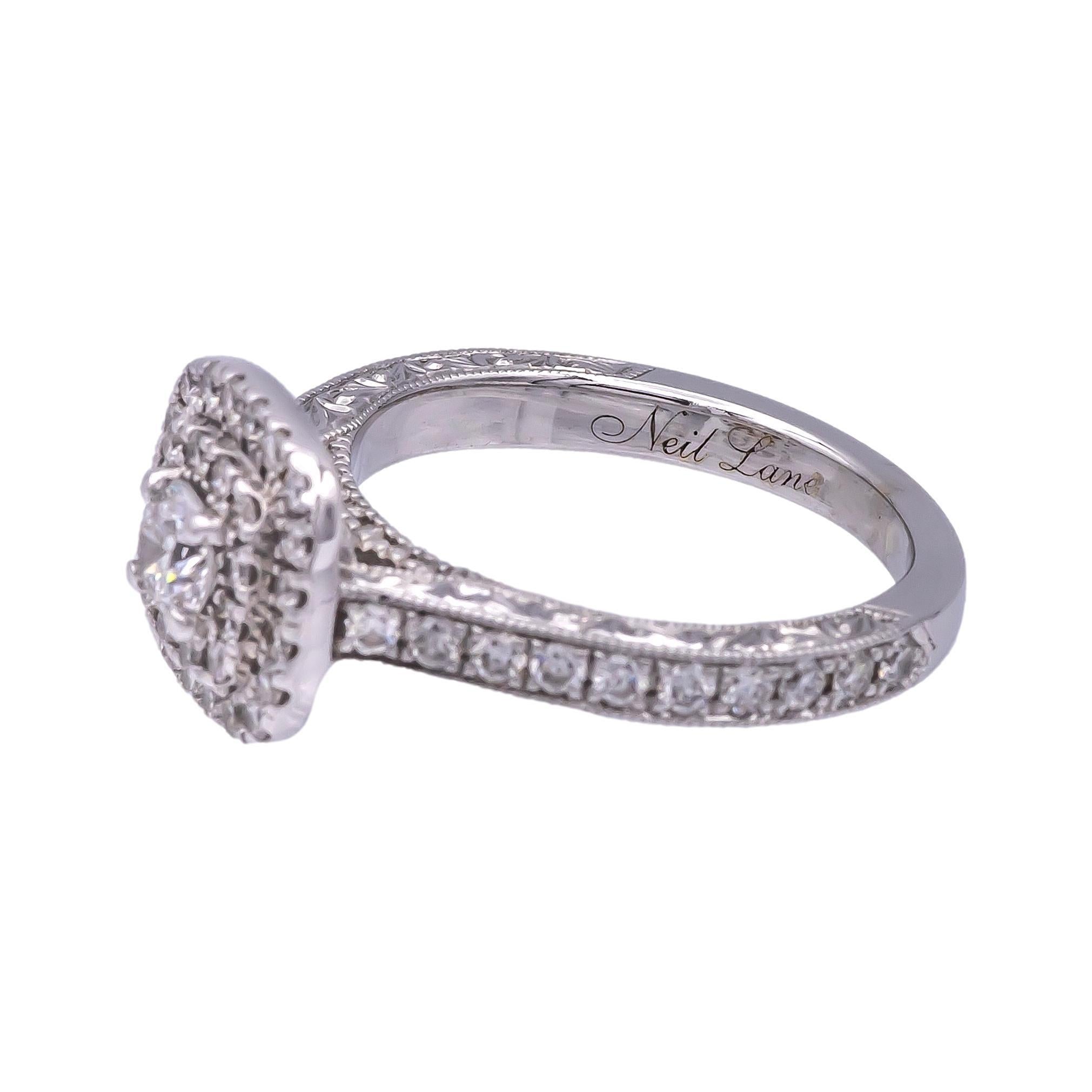 Modern Neil Lane 14 Karat White Gold Cluster 0.85 Carat Total Weight Engagement Ring For Sale