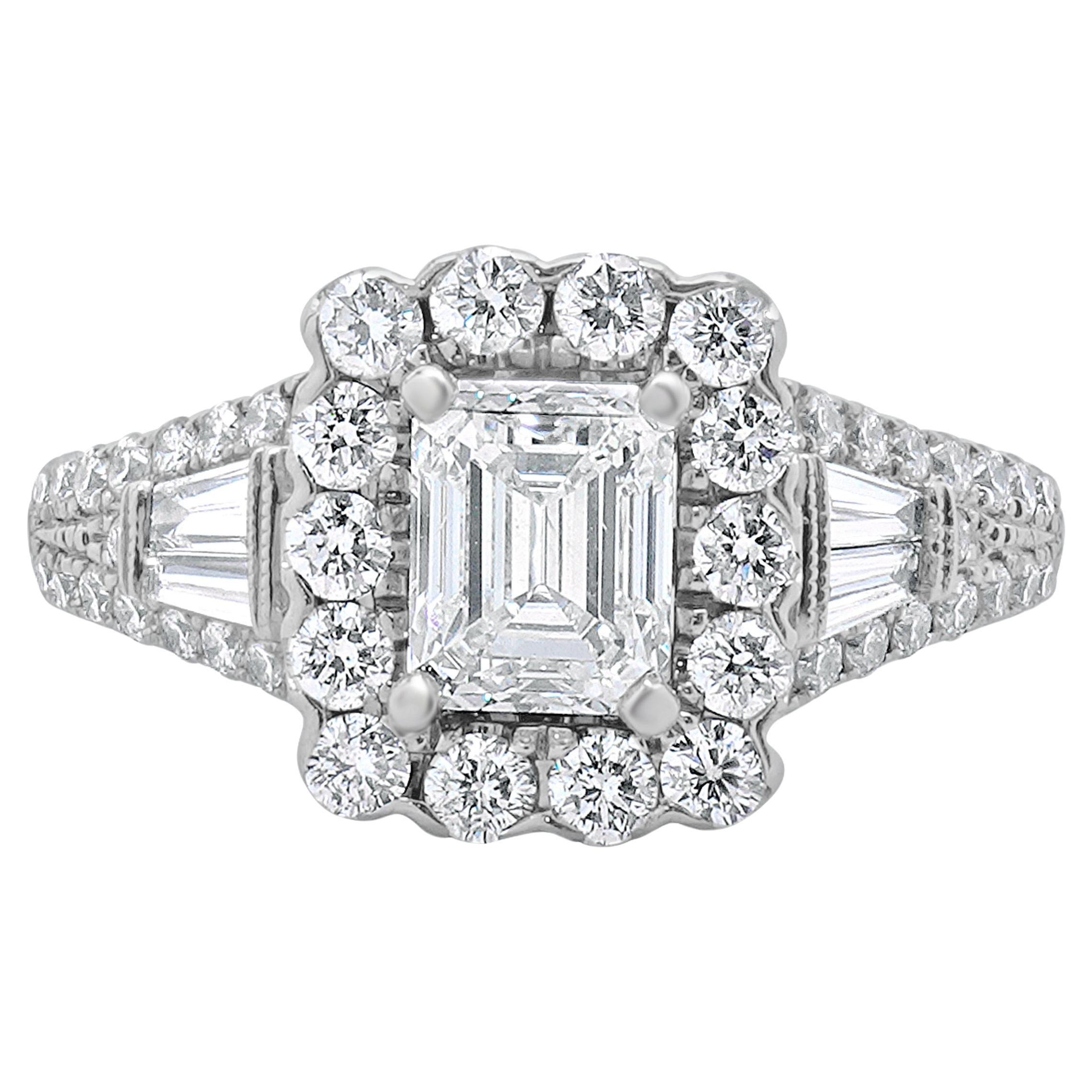 Neil Lane 14 Karat White Gold Emerald Cut Diamond Engagement Ring For Sale