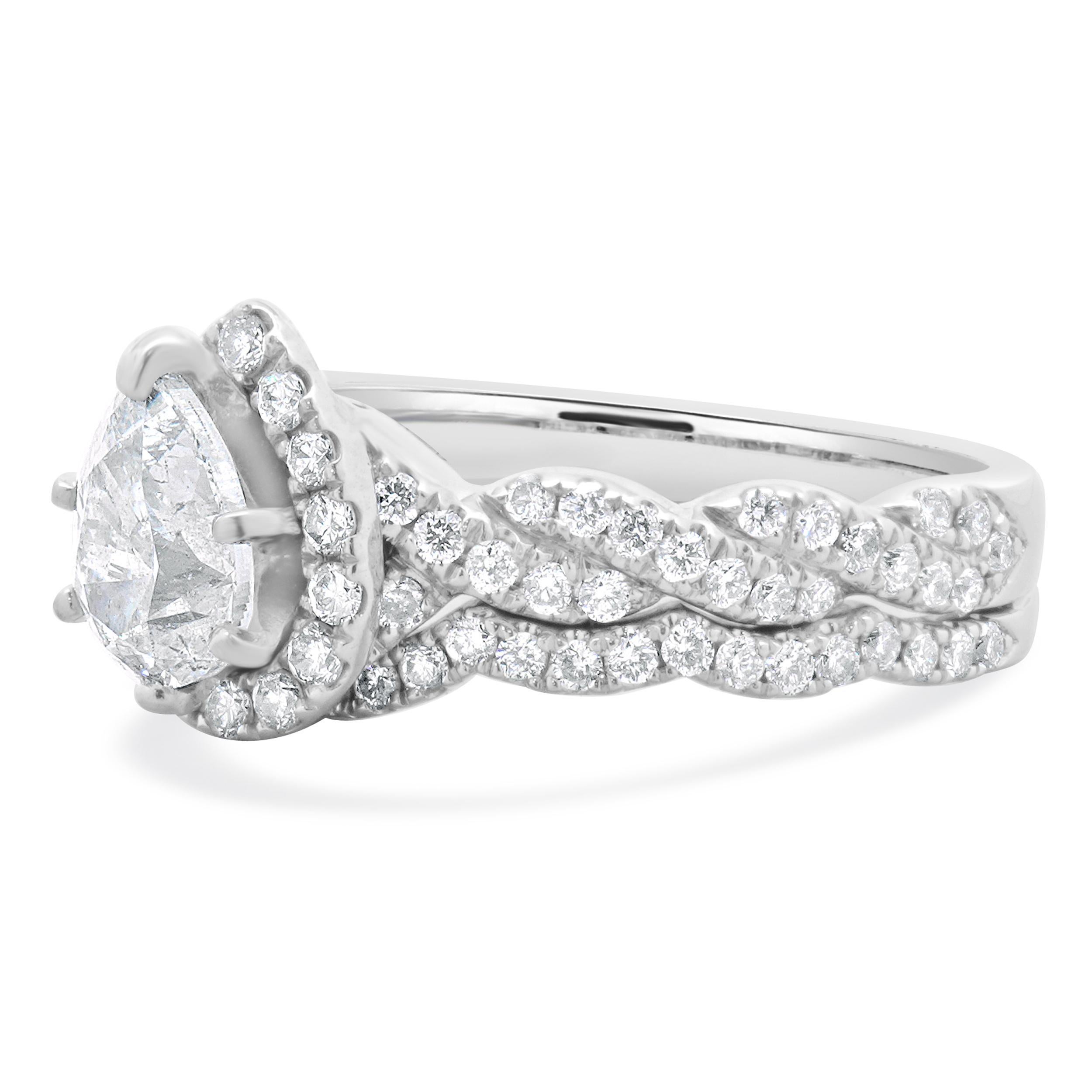 Designer: Neil Lane
Material: 14K white gold
Center Diamond: 1 pear cut = 1.00ct
Color : F
Clarity : SI2
Diamond: 88 round brilliant cut = 0.88cttw
Color : G
Clarity : SI2
Size: 7.5 complimentary sizing available 
Weight: 6.50 grams