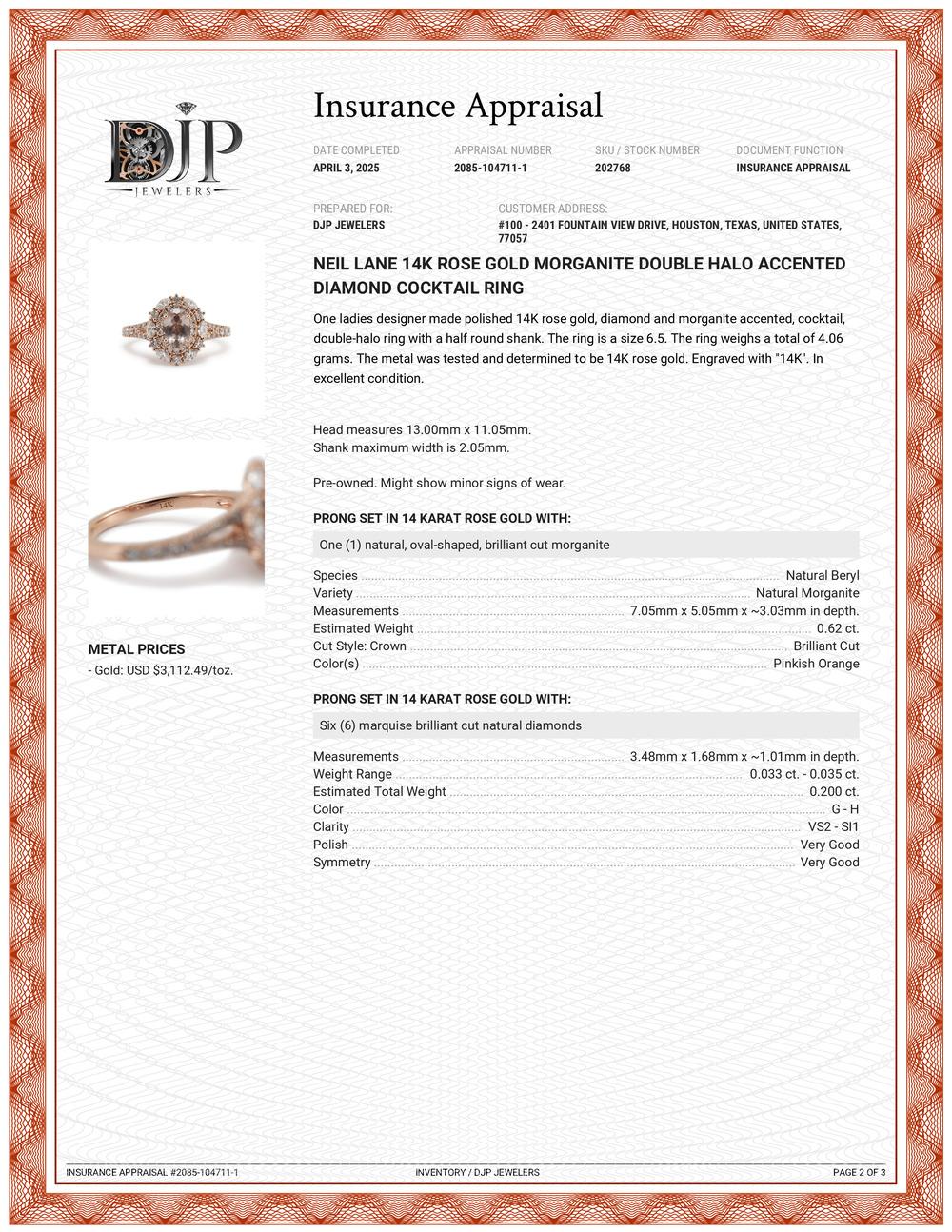 Neil Lane Anillo de Cóctel de Oro Rosa de 14 K con Doble Aureola de Morganita y Diamantes Acentuados en venta 3