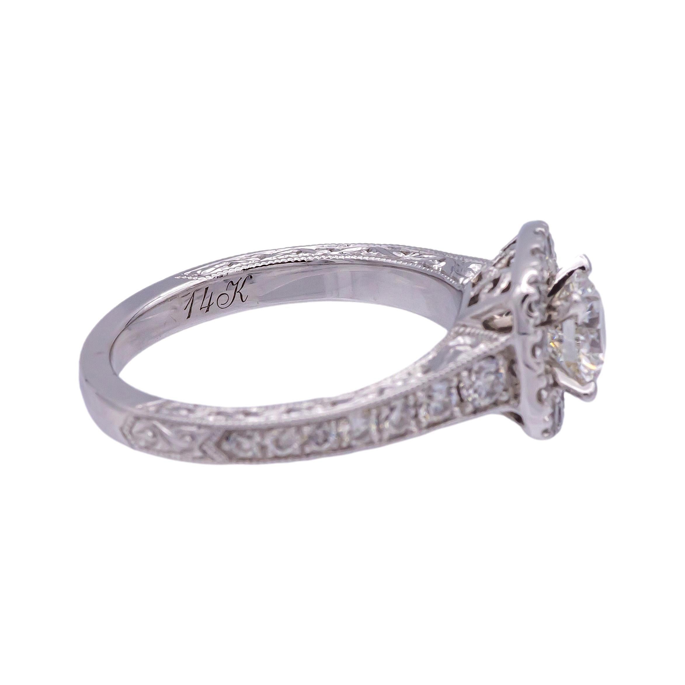 Contemporary Neil Lane 14K White Gold Cluster 1.19ct TW Round Halo Diamond Engagement Ring For Sale