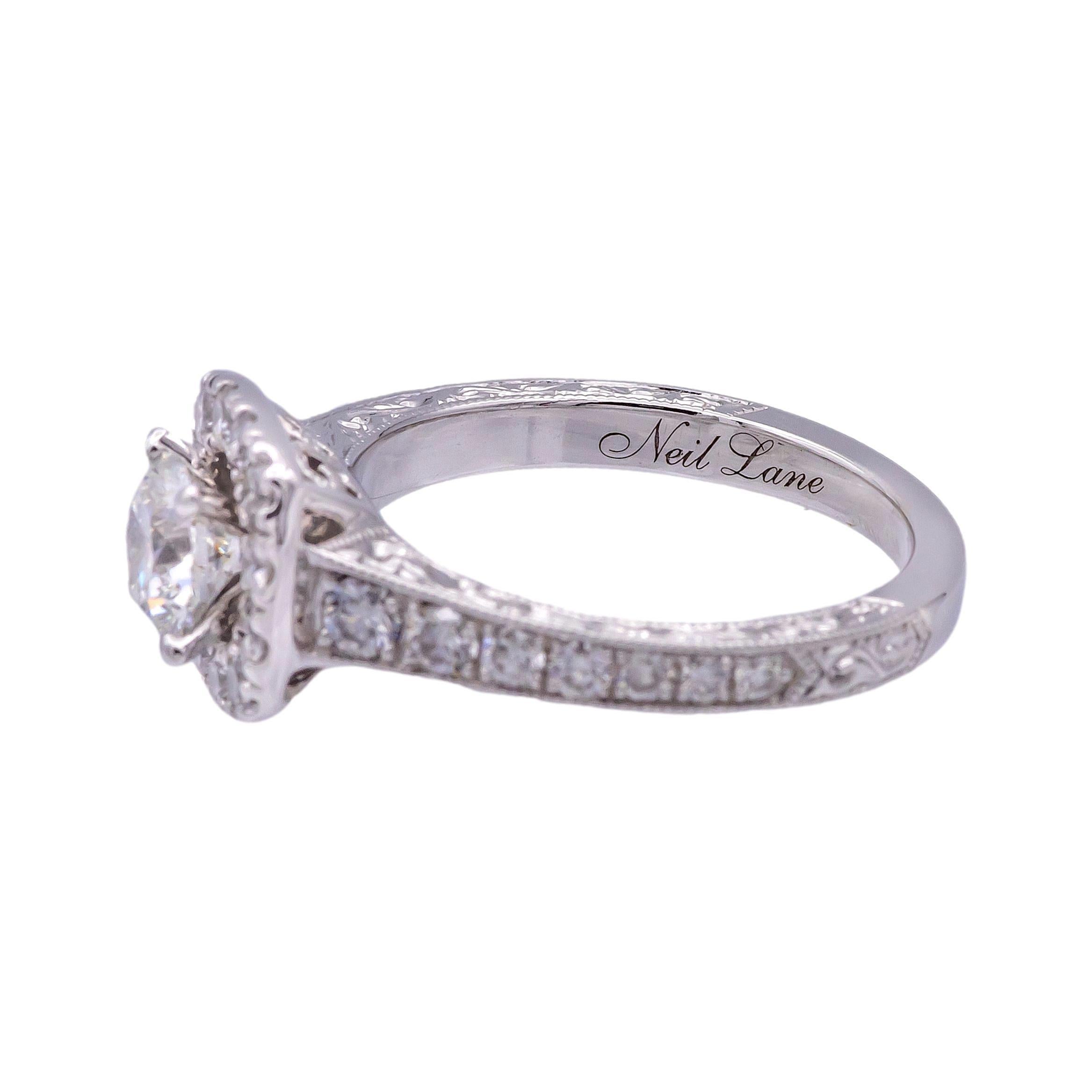 Neil Lane 14K White Gold Cluster 1.19ct TW Round Halo Diamond Engagement Ring In Excellent Condition For Sale In New York, NY