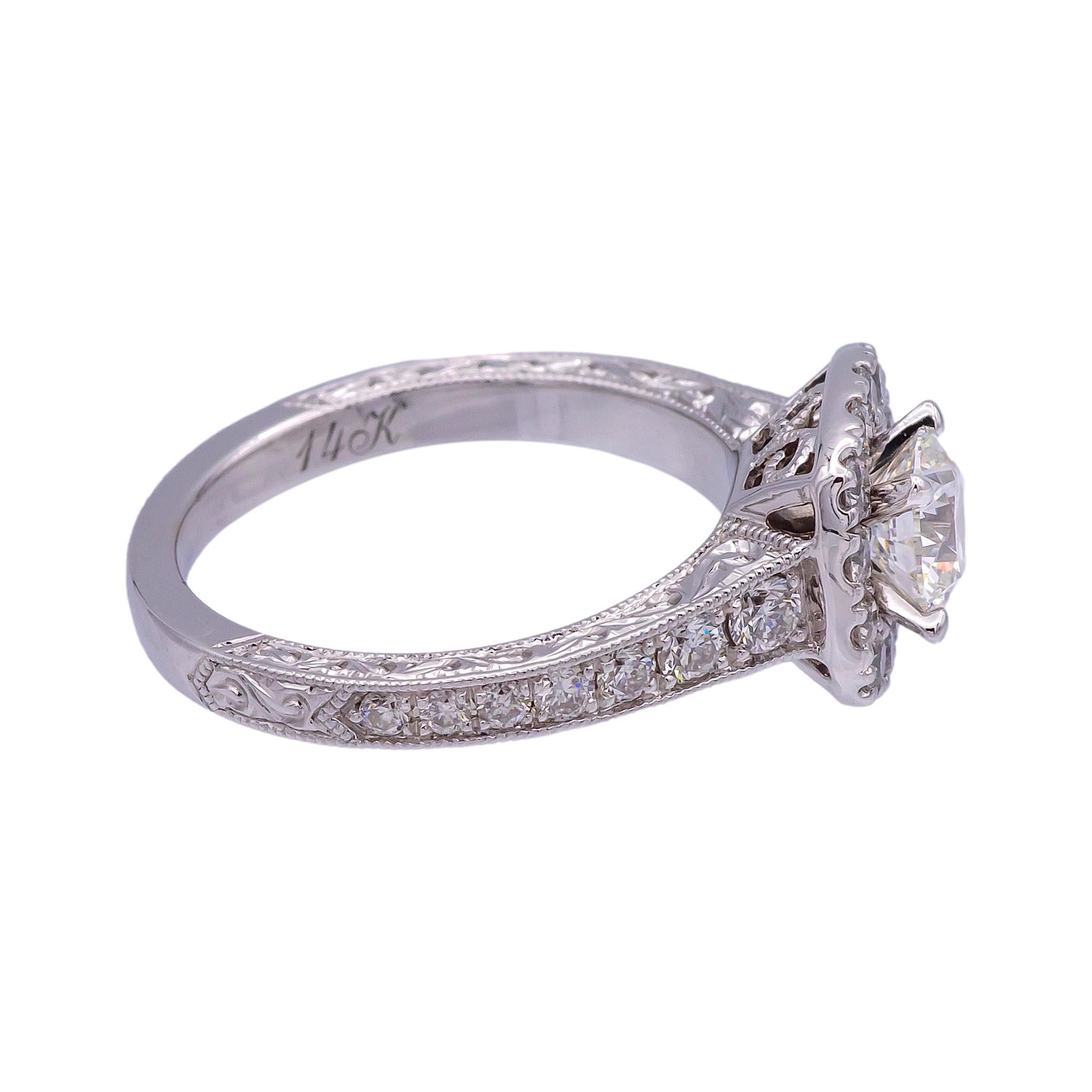 Women's Neil Lane 14K White Gold Cluster 1.19ct TW Round Halo Diamond Engagement Ring For Sale