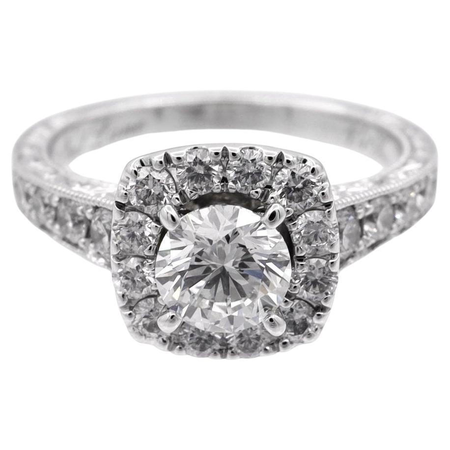 Neil Lane 14K White Gold Cluster 1.19ct TW Round Halo Diamond Engagement Ring For Sale